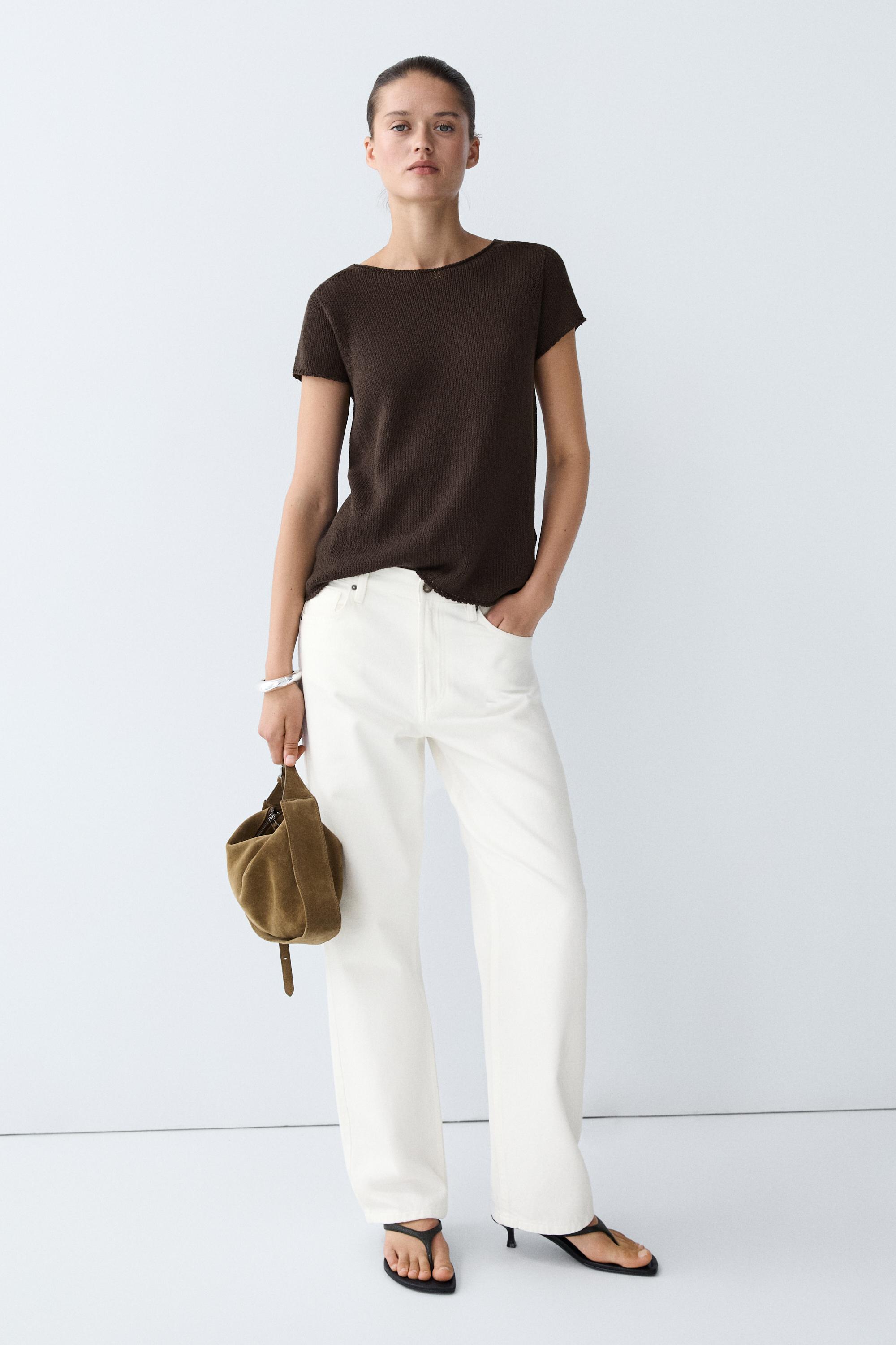 Cotton blend short sleeve knit sweater — Chocolate