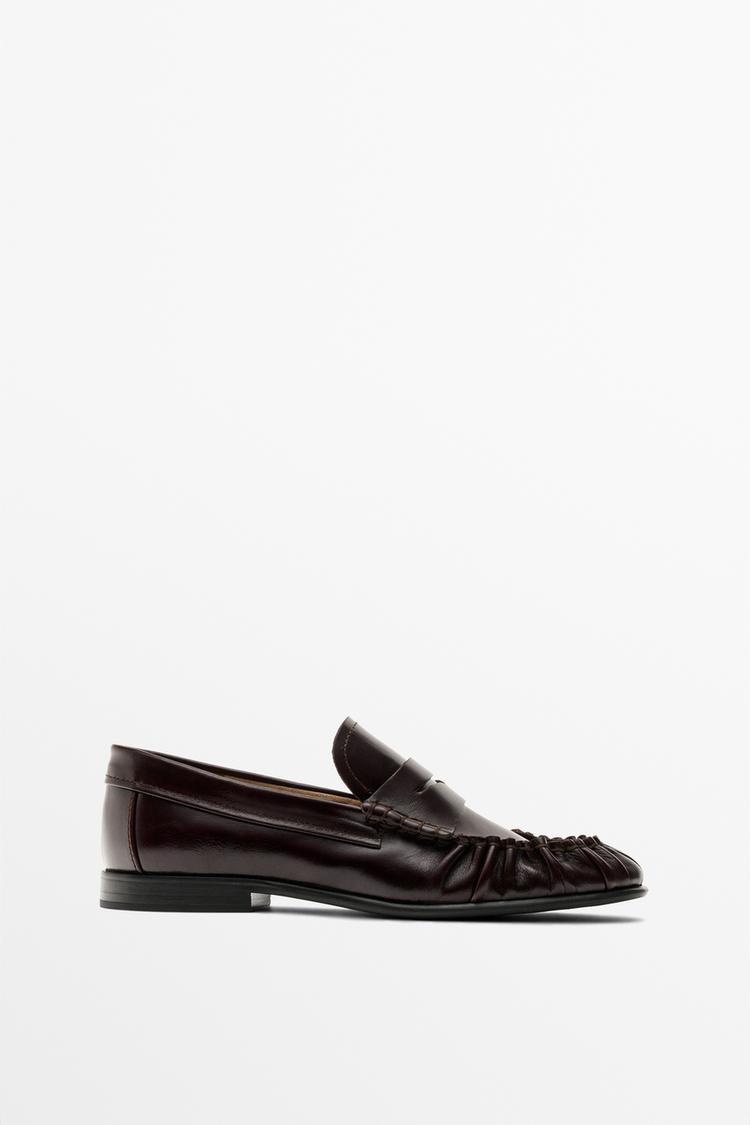 Shirred Leather Loafer — BROWN