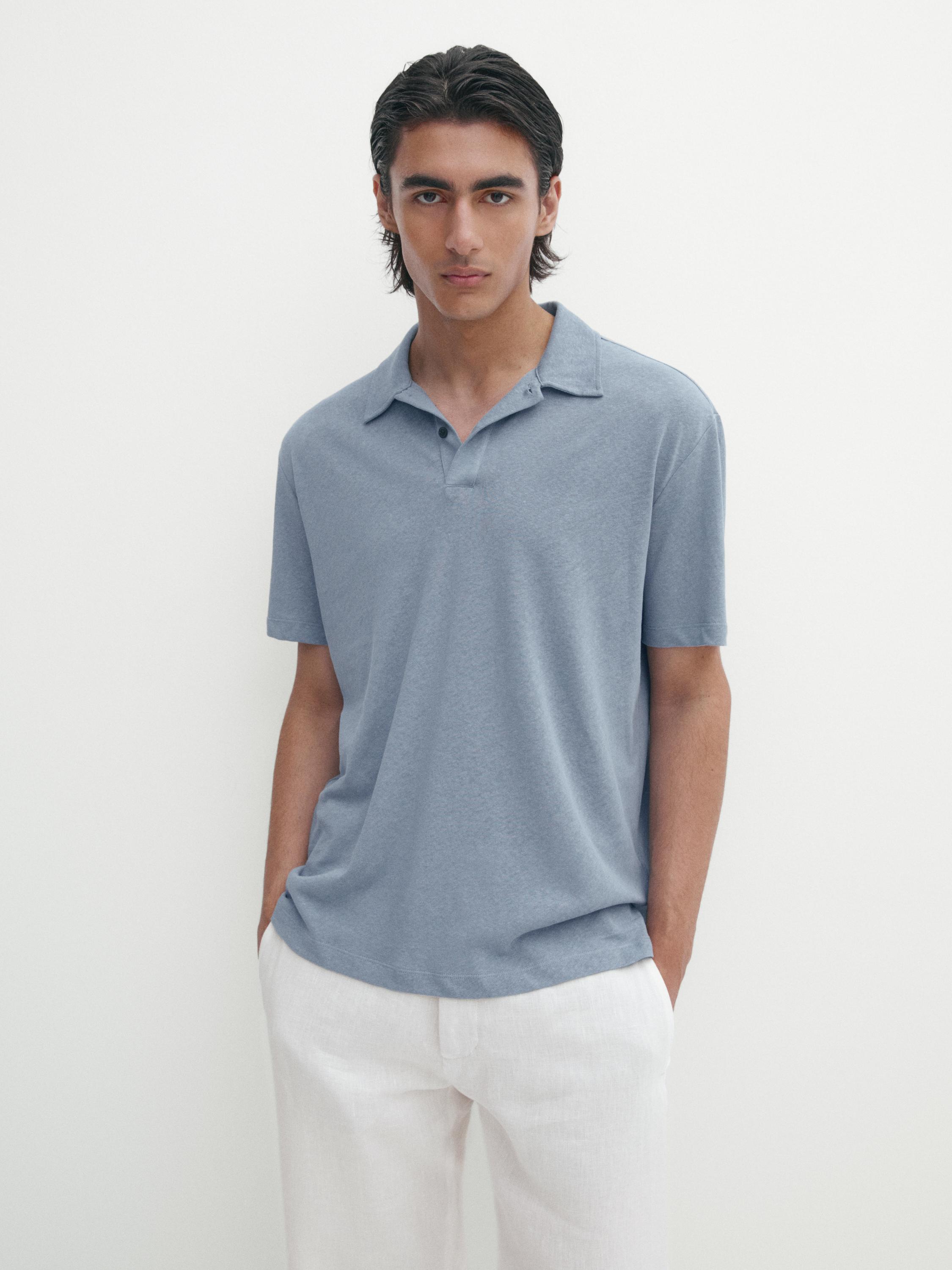 قميص بولو من الكتان المخلوط بأكمام قصيرة