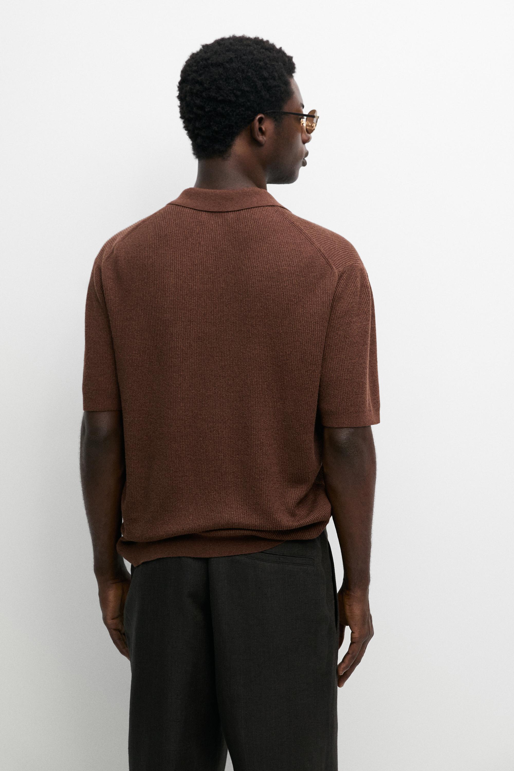 Linen blend knit shirt-collar polo — TERRA COTA