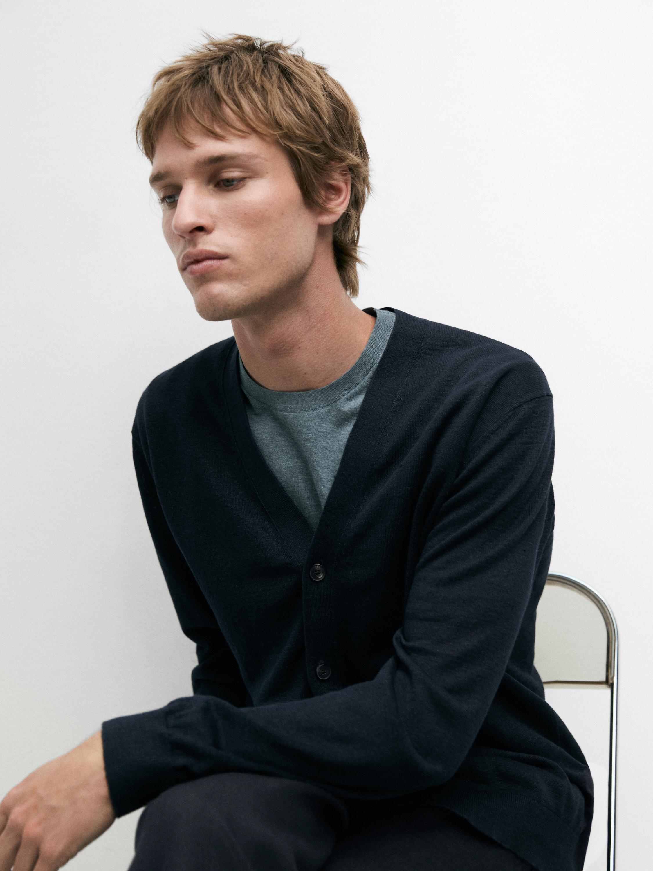 Linen knit cardigan with buttons — NAVY BLUE