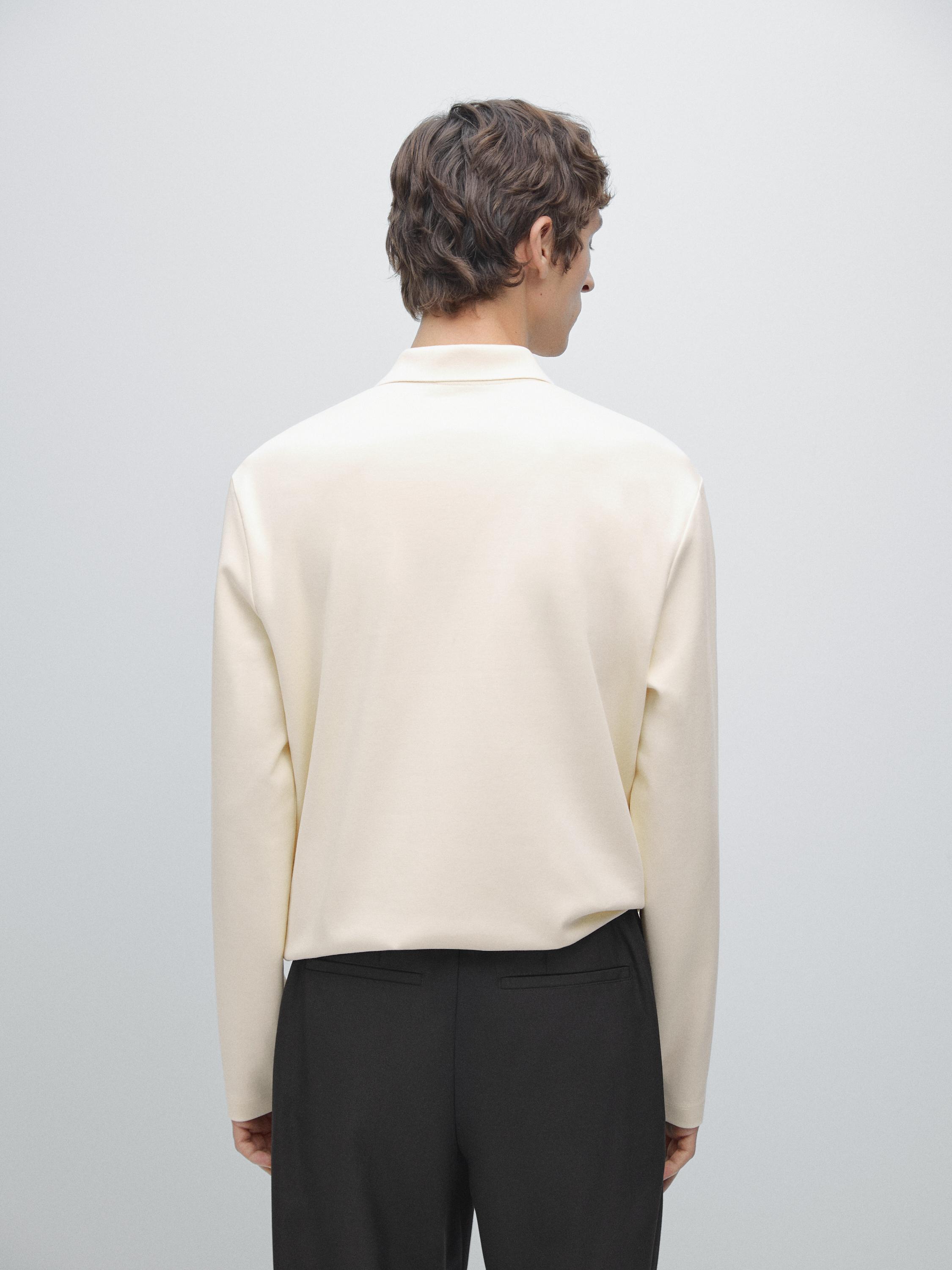 Long sleeve polo shirt with ribbed detail — CREAM