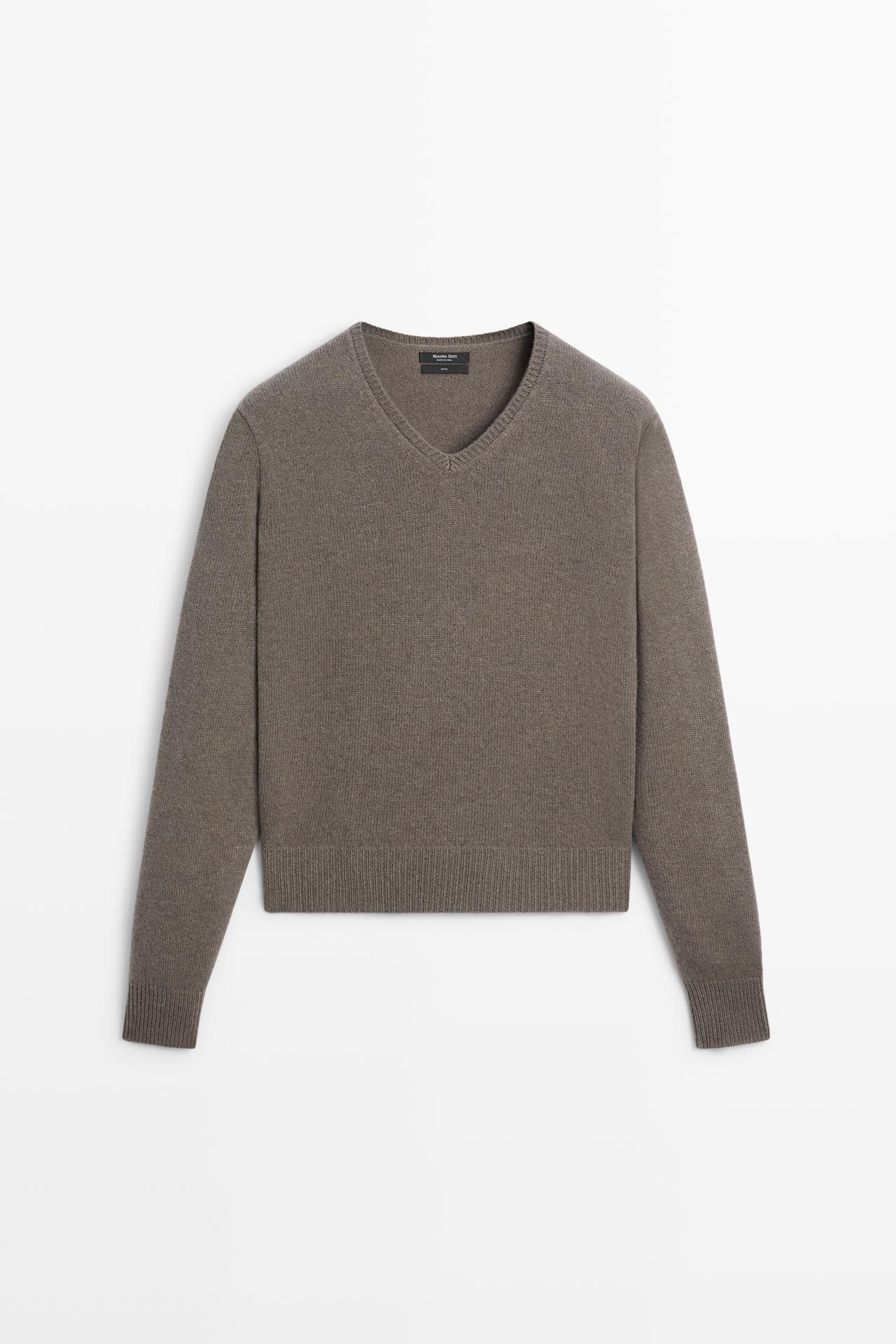 100% wool V-neck knit sweater — MOLE BROWN