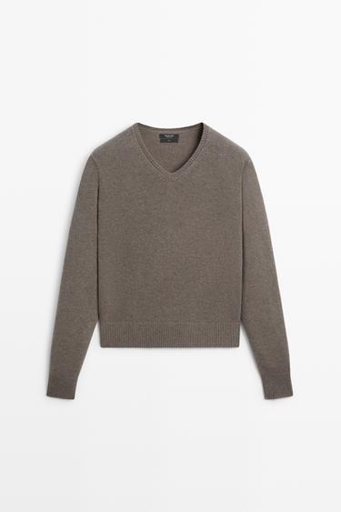 100% wool V-neck knit sweater — MOLE BROWN 2