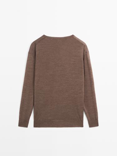 100% wool V-neck knit sweater — MOLE BROWN 6