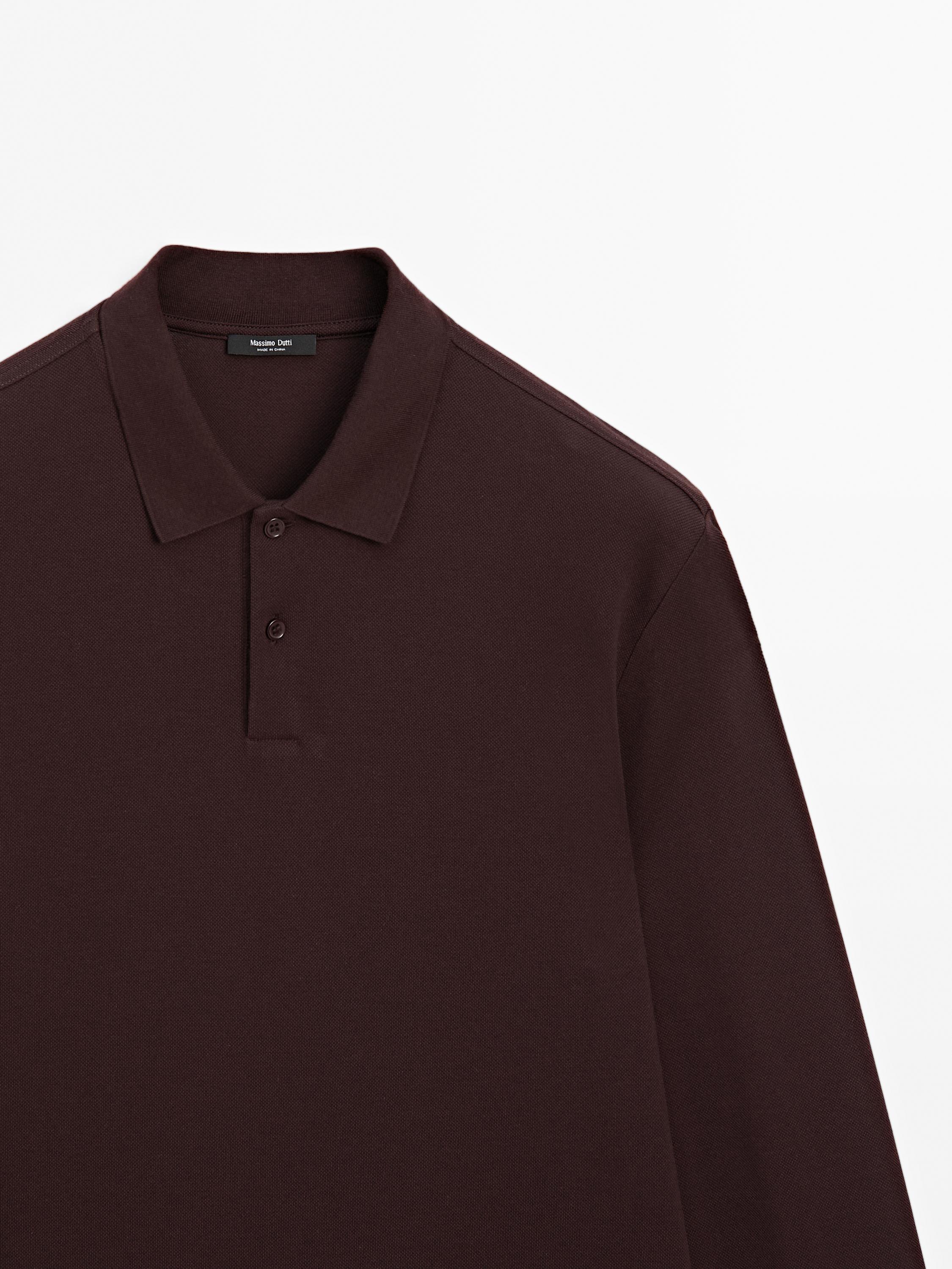 Long sleeve mercerised cotton piqué polo shirt