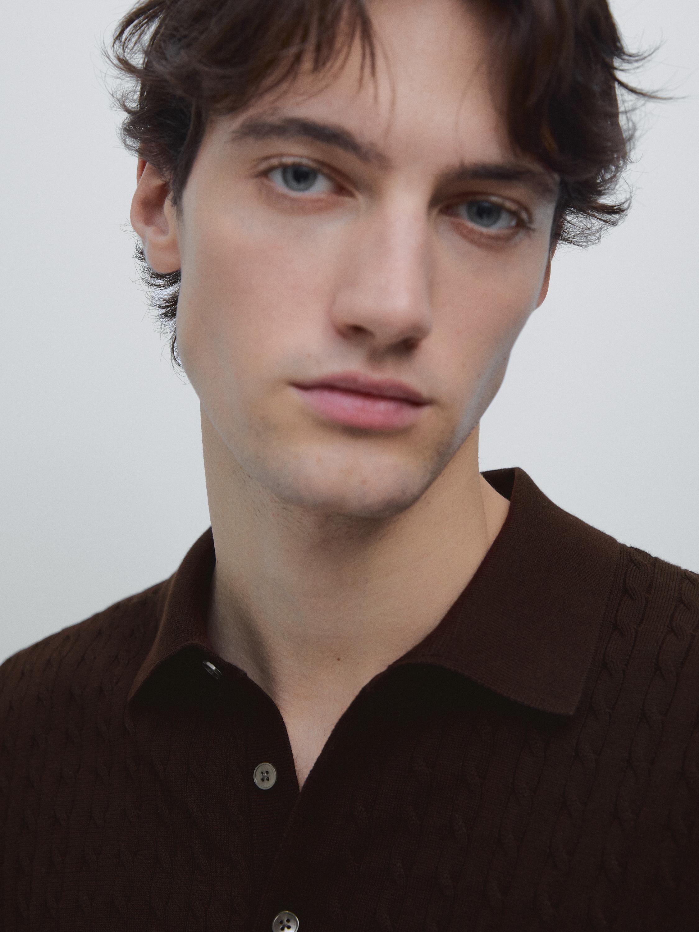 100% cotton cable-knit polo shirt — BURGUNDY