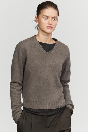 100% wool V-neck knit sweater — MOLE BROWN 3