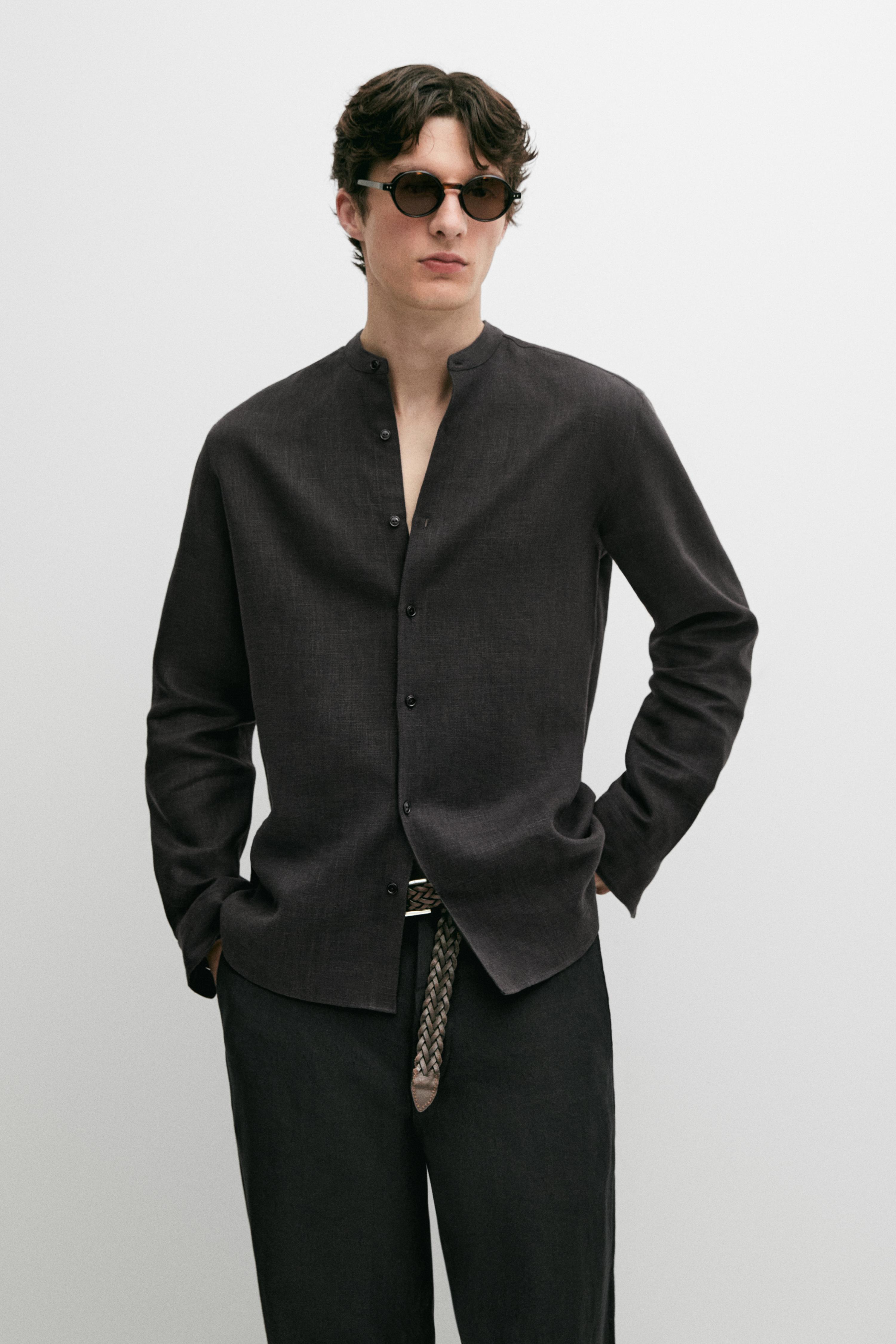 100% linen stand collar shirt