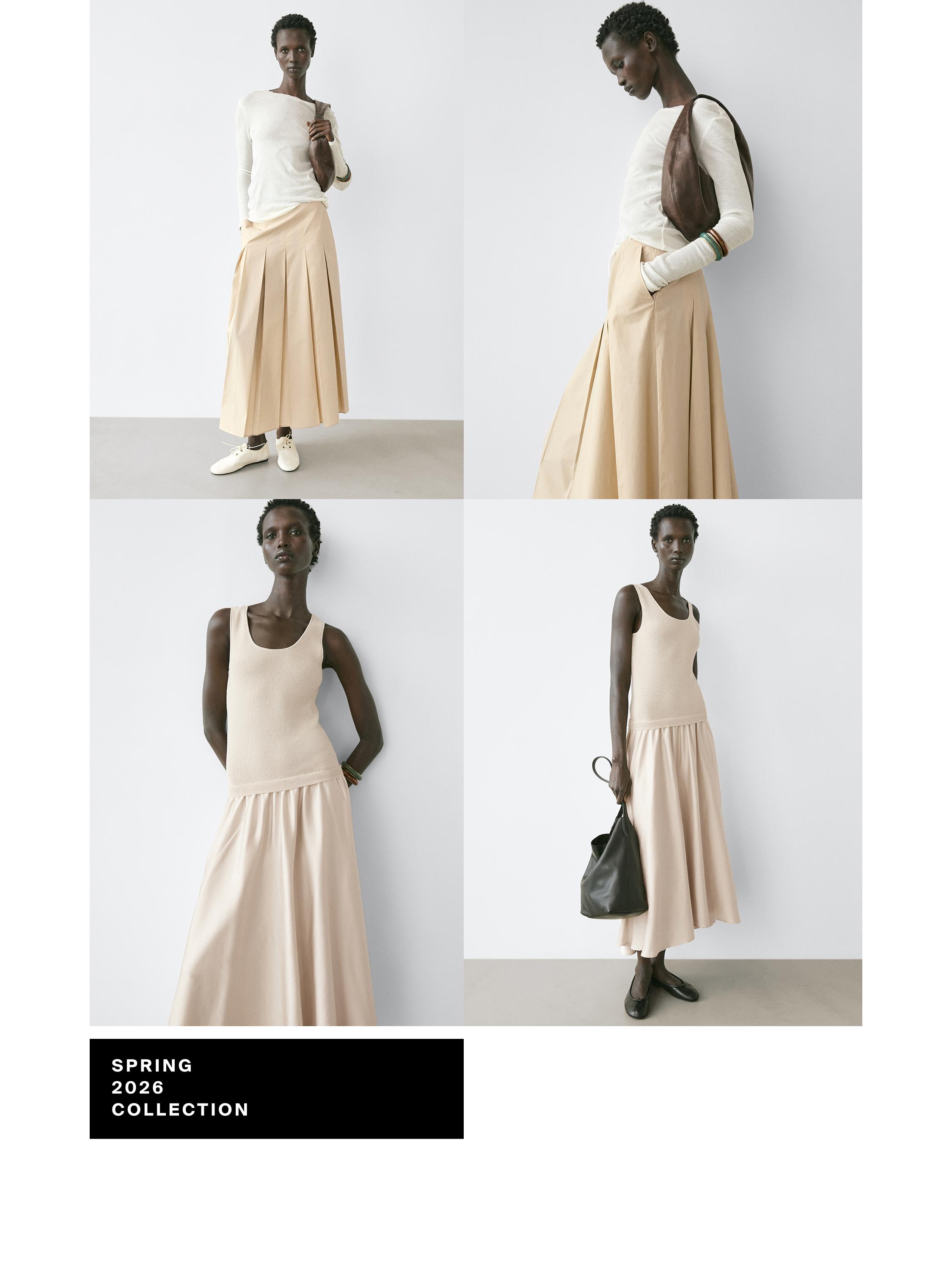 Set aus weißer Langarmbluse und langem beigefarbenem Plisseerock. Sichtbarer Text: „SPRING 2026 COLLECTION“.