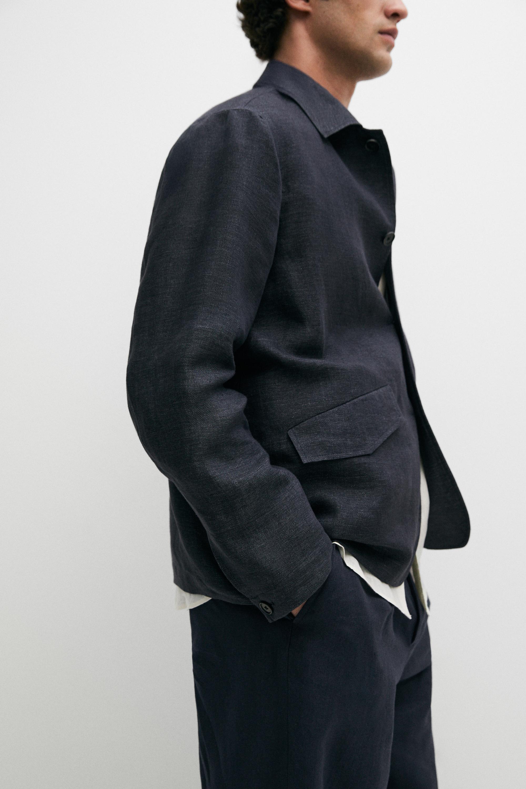 100% linen total look melange overshirt — INK BLUE