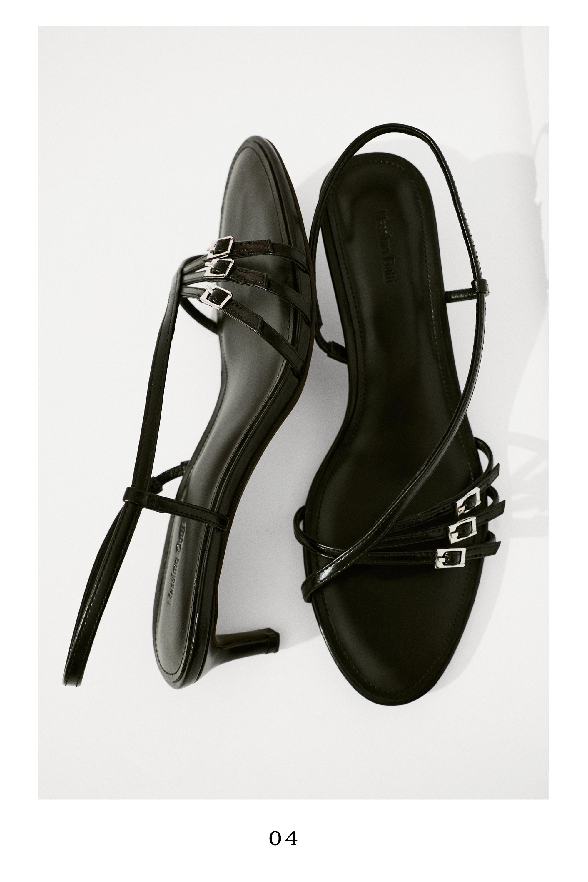 Leather heeled sandals with buckles — BLACK