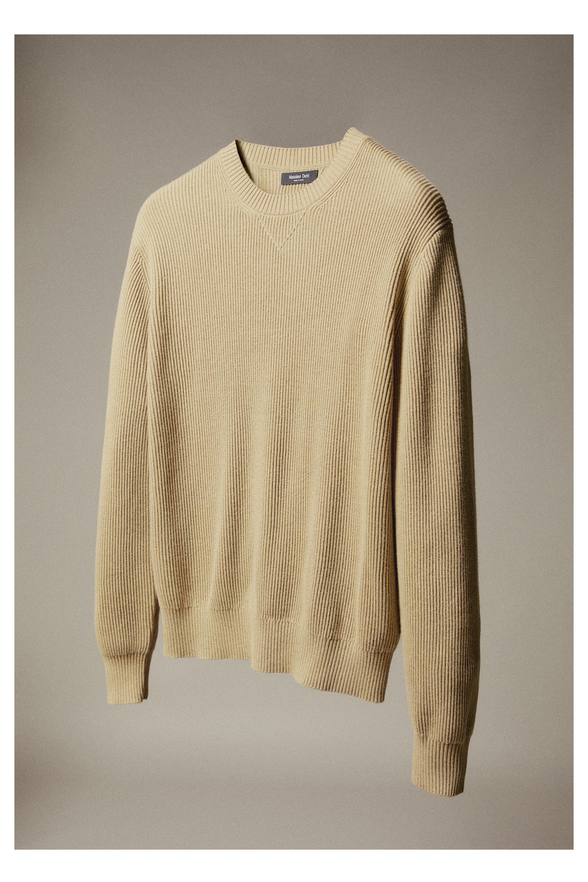 Cotton blend ribbed knit sweater — CREAM