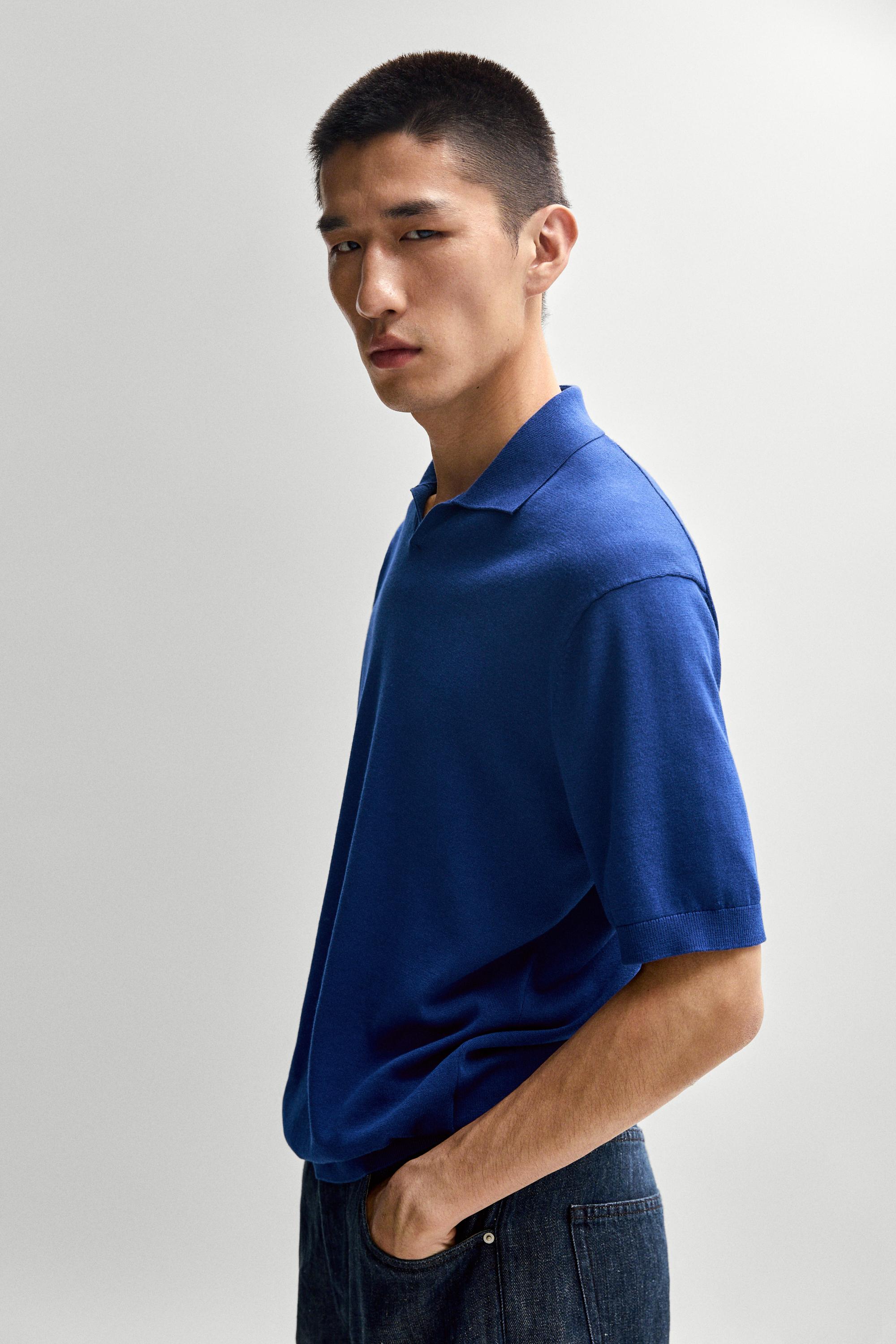 100% cotton V-neck knit polo — Electric blue