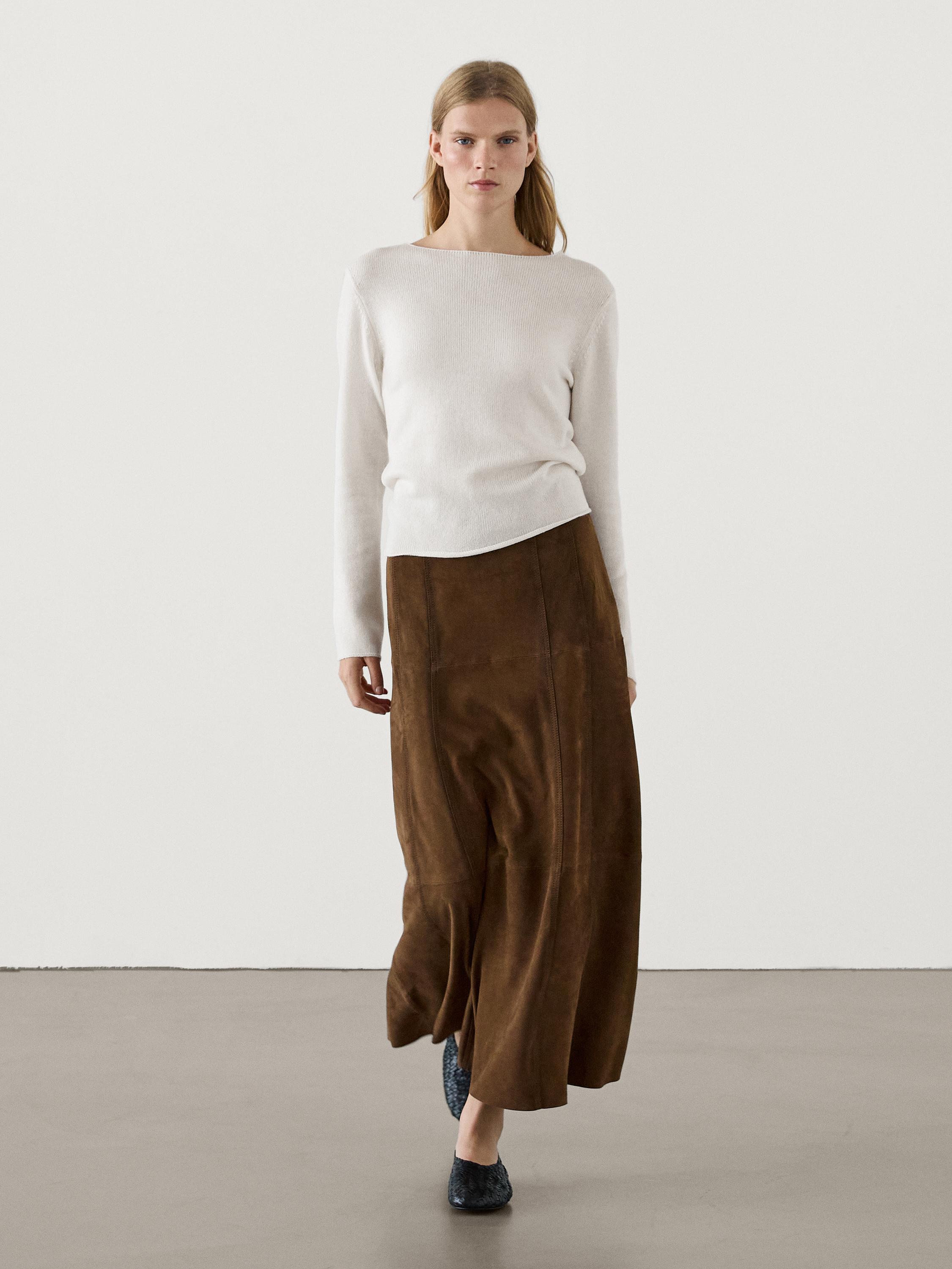 Suede leather midi skirt with seam details