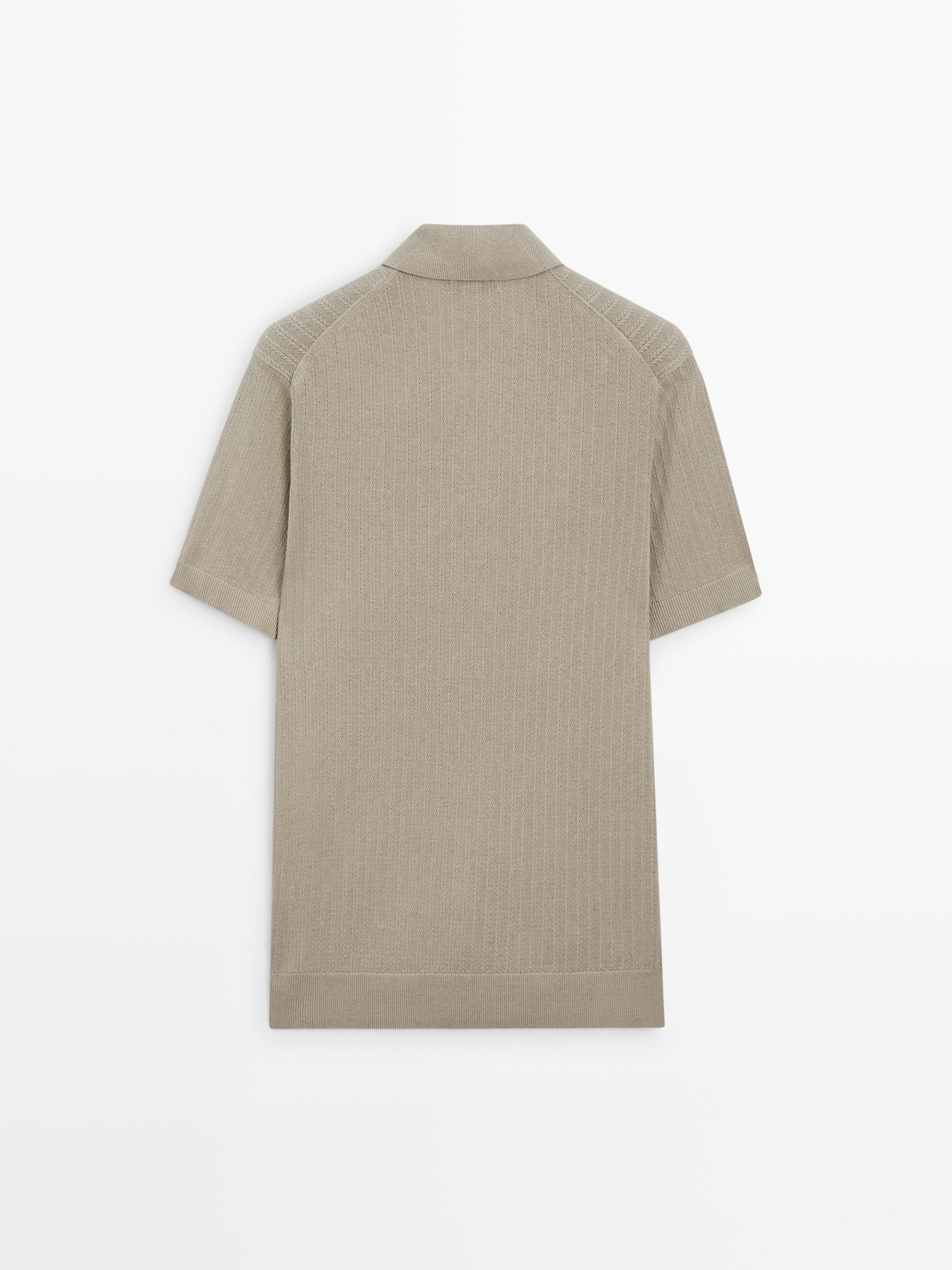 Knit polo sweater with cutwork detail — TAUPE GREY