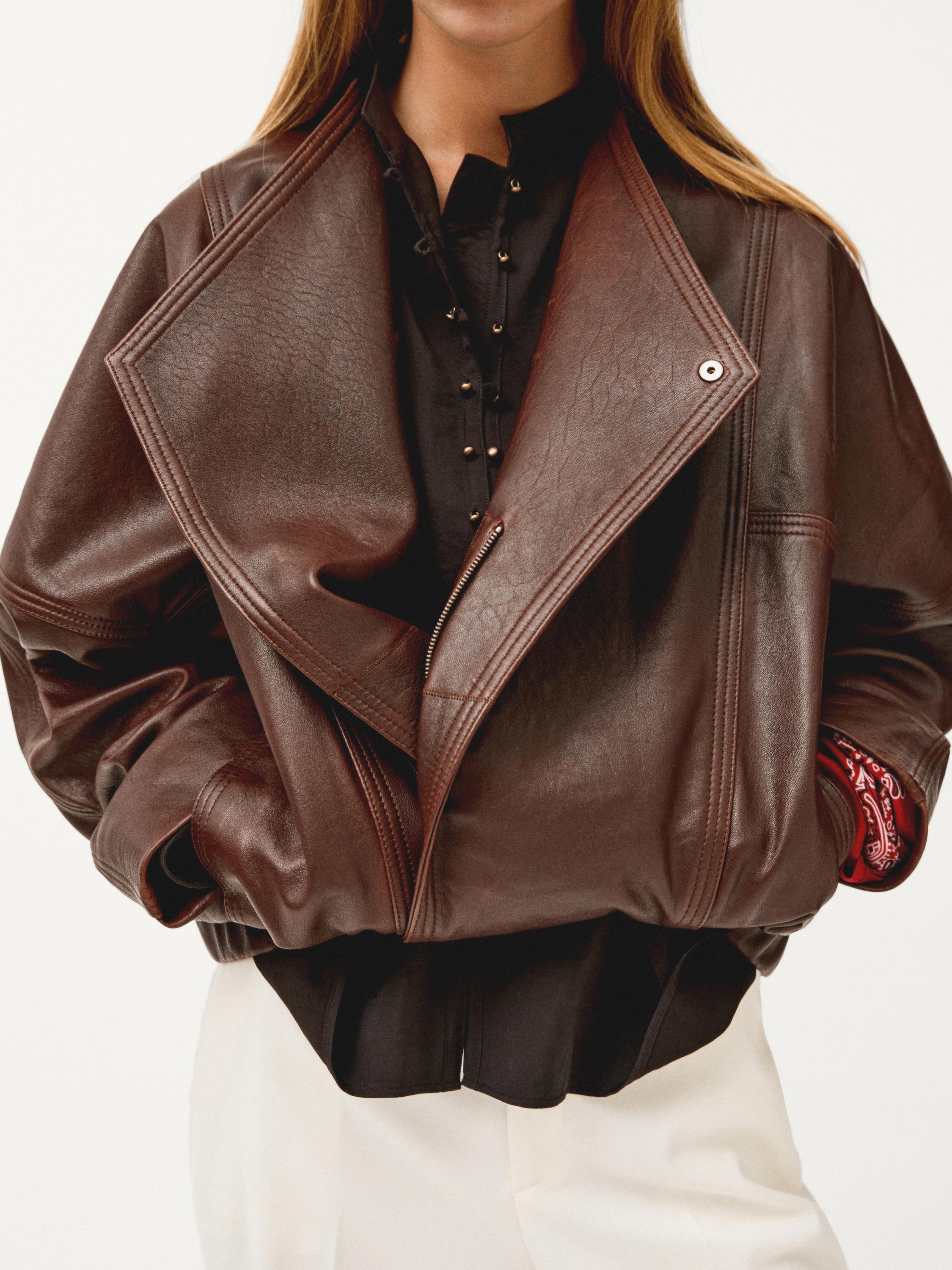 Asymmetric nappa leather bomber jacket — BROWN