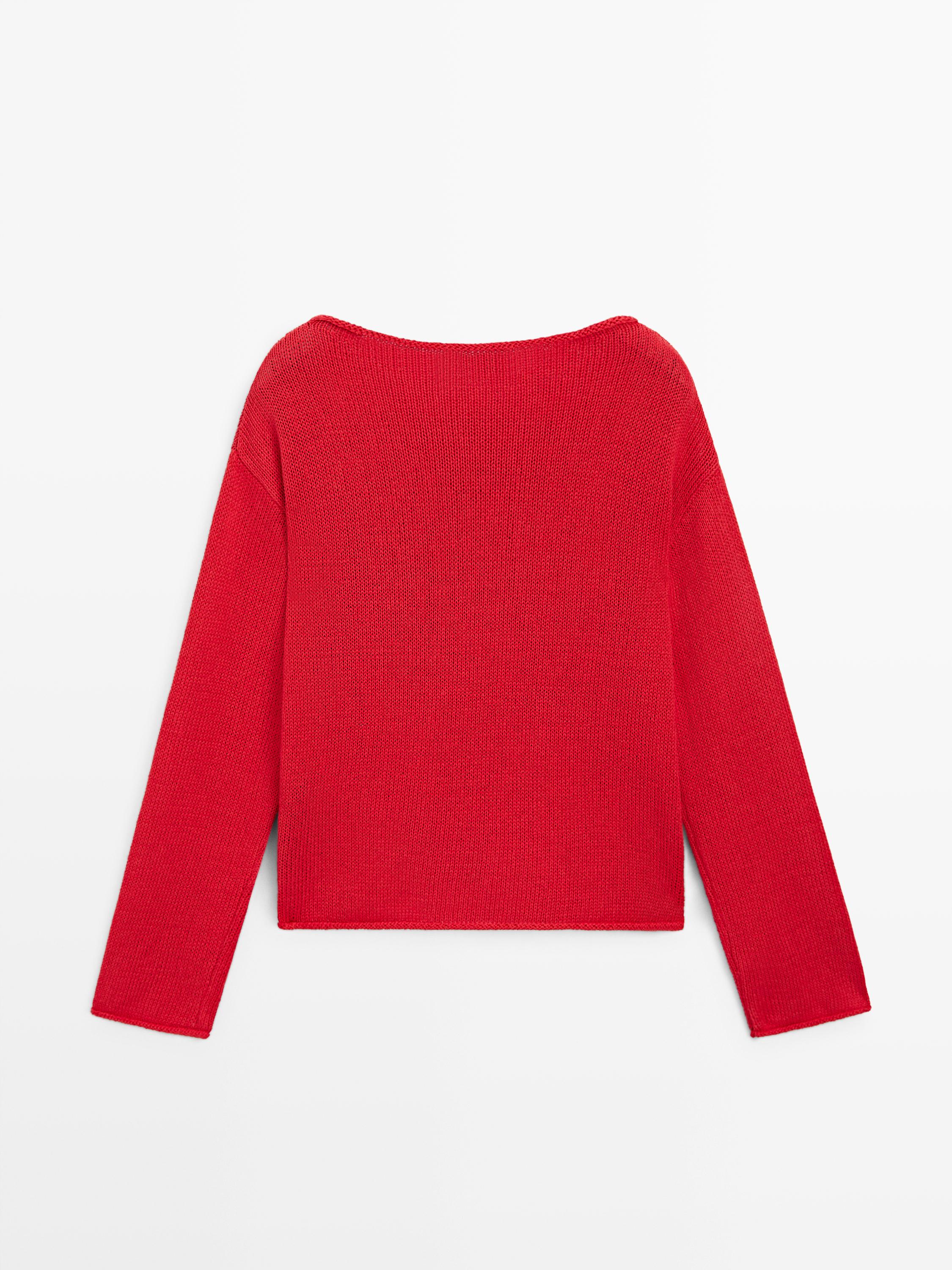 Cotton and linen knit sweater with pocket detail — RED