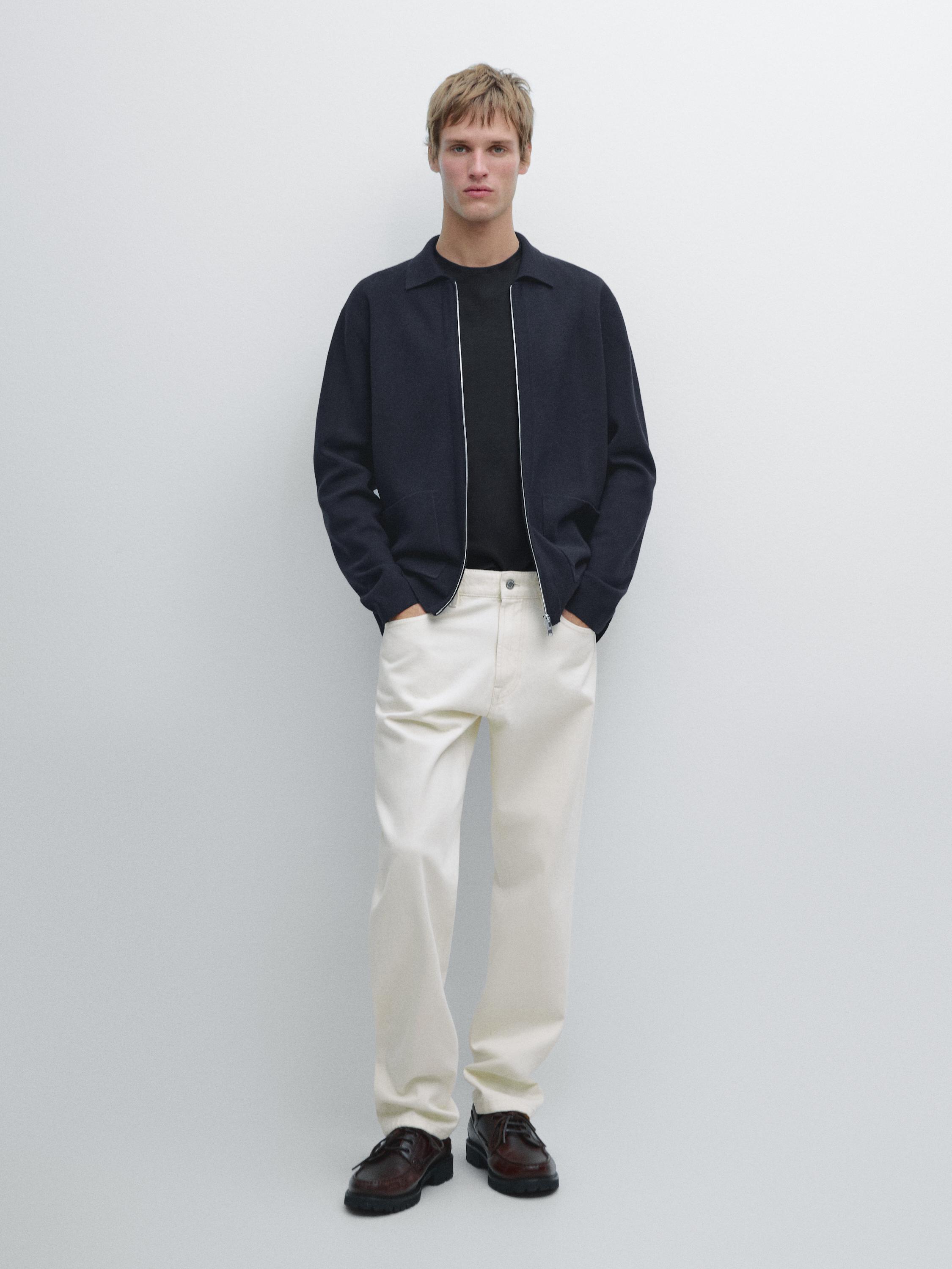 Zip-up knit cotton and wool blend cardigan with pockets