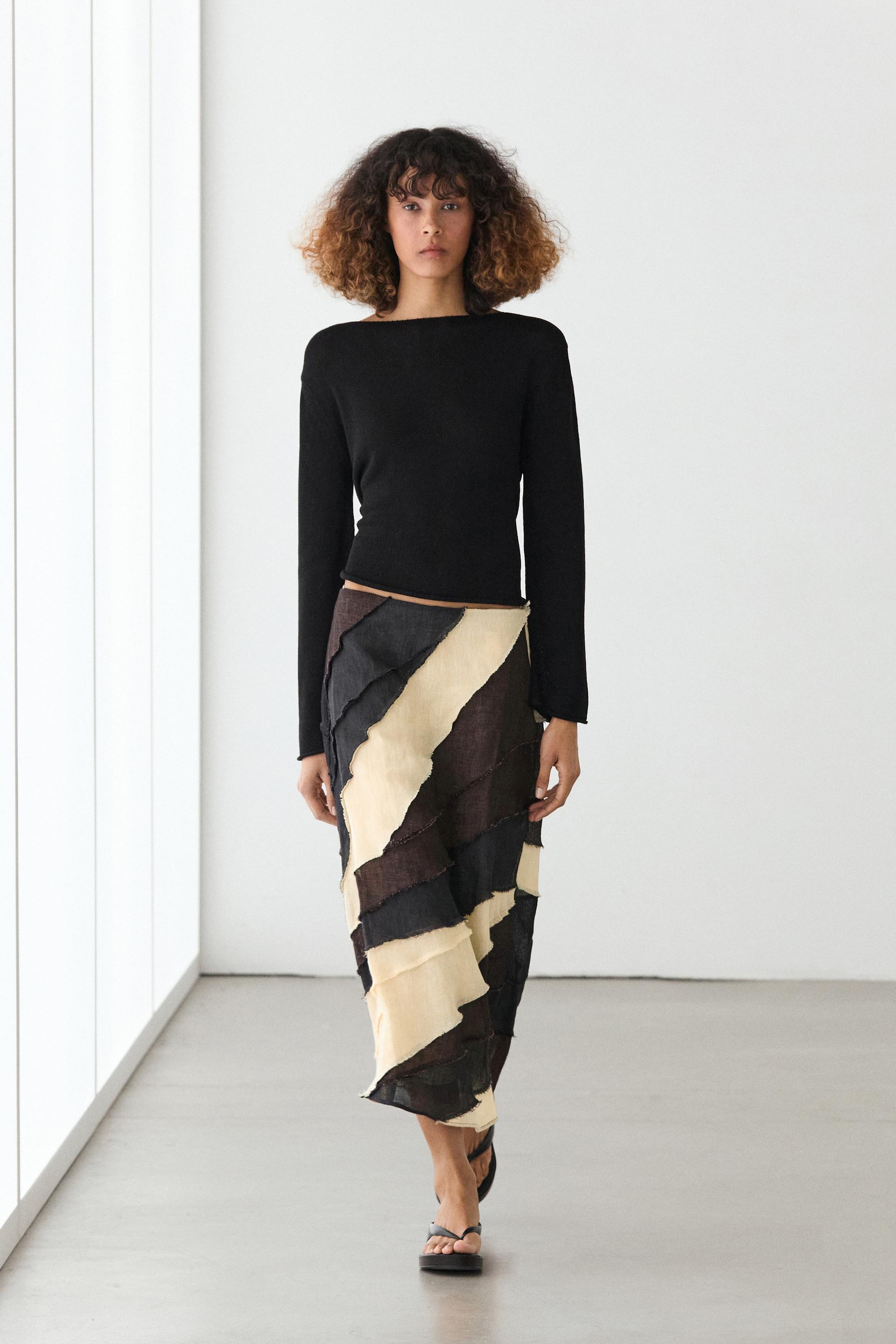 Saia Midi Em Camadas Com Contraste De Linho - Castanho - 38 - Massimo Dutti - Mulher