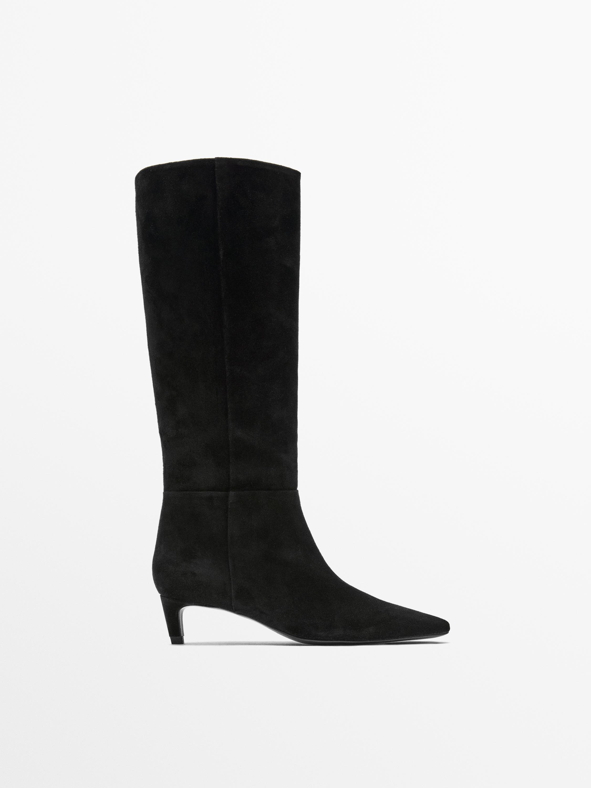 Bottes a talon en croute de cuir Noir Bottes Et Bottines Massimo Dutti