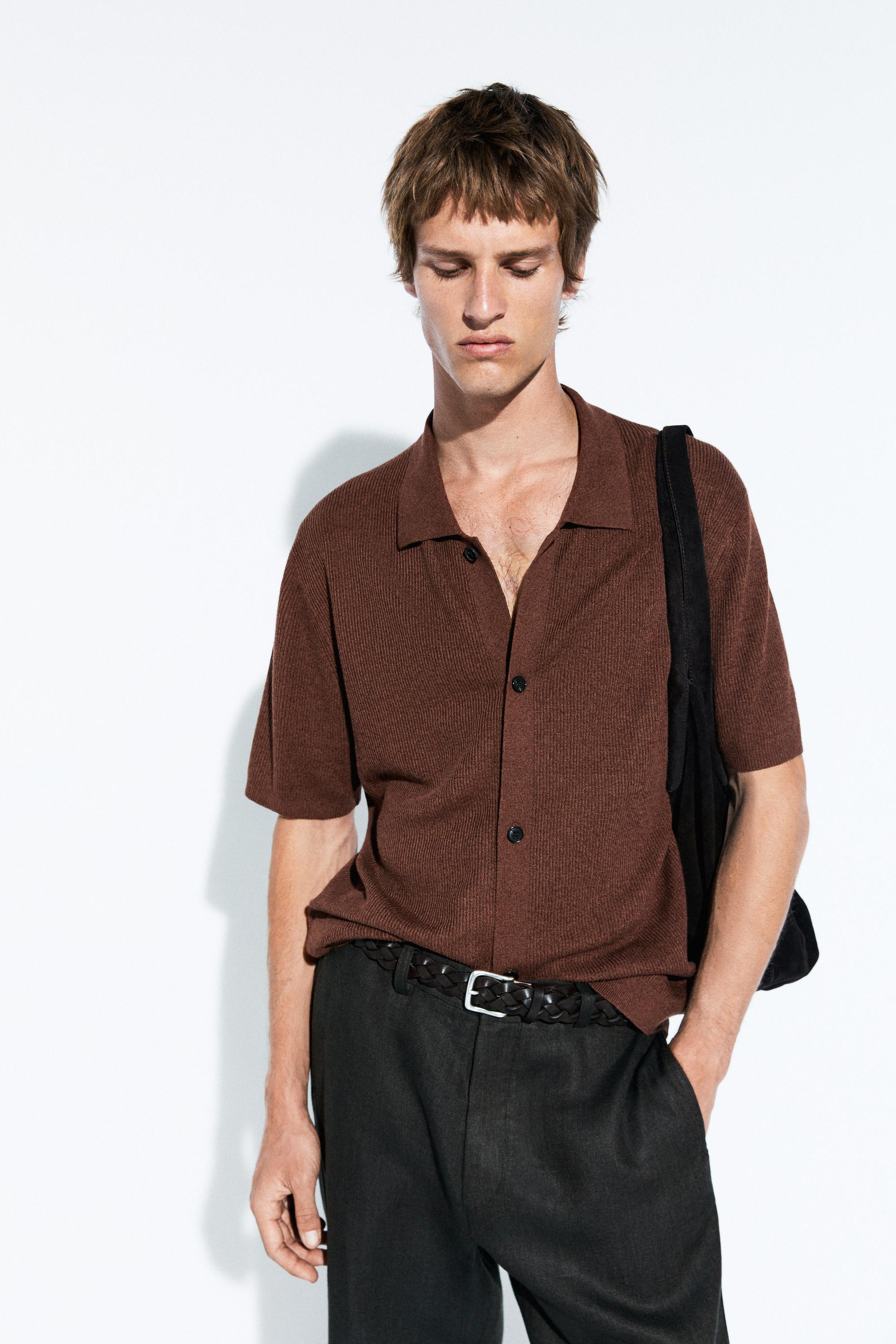 Linen blend knit shirt-collar polo — TERRA COTA