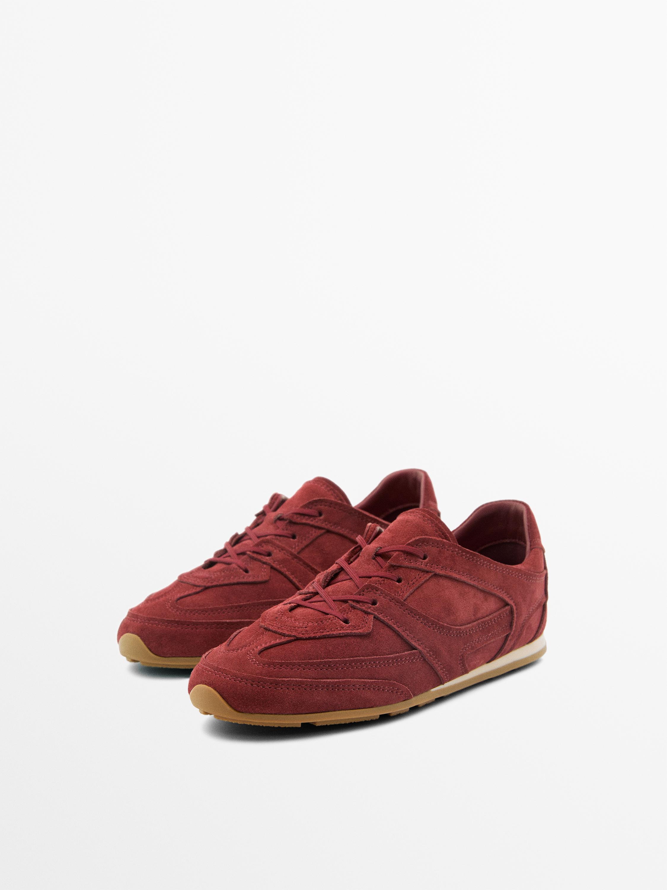 Split leather trainers with piece details — RED