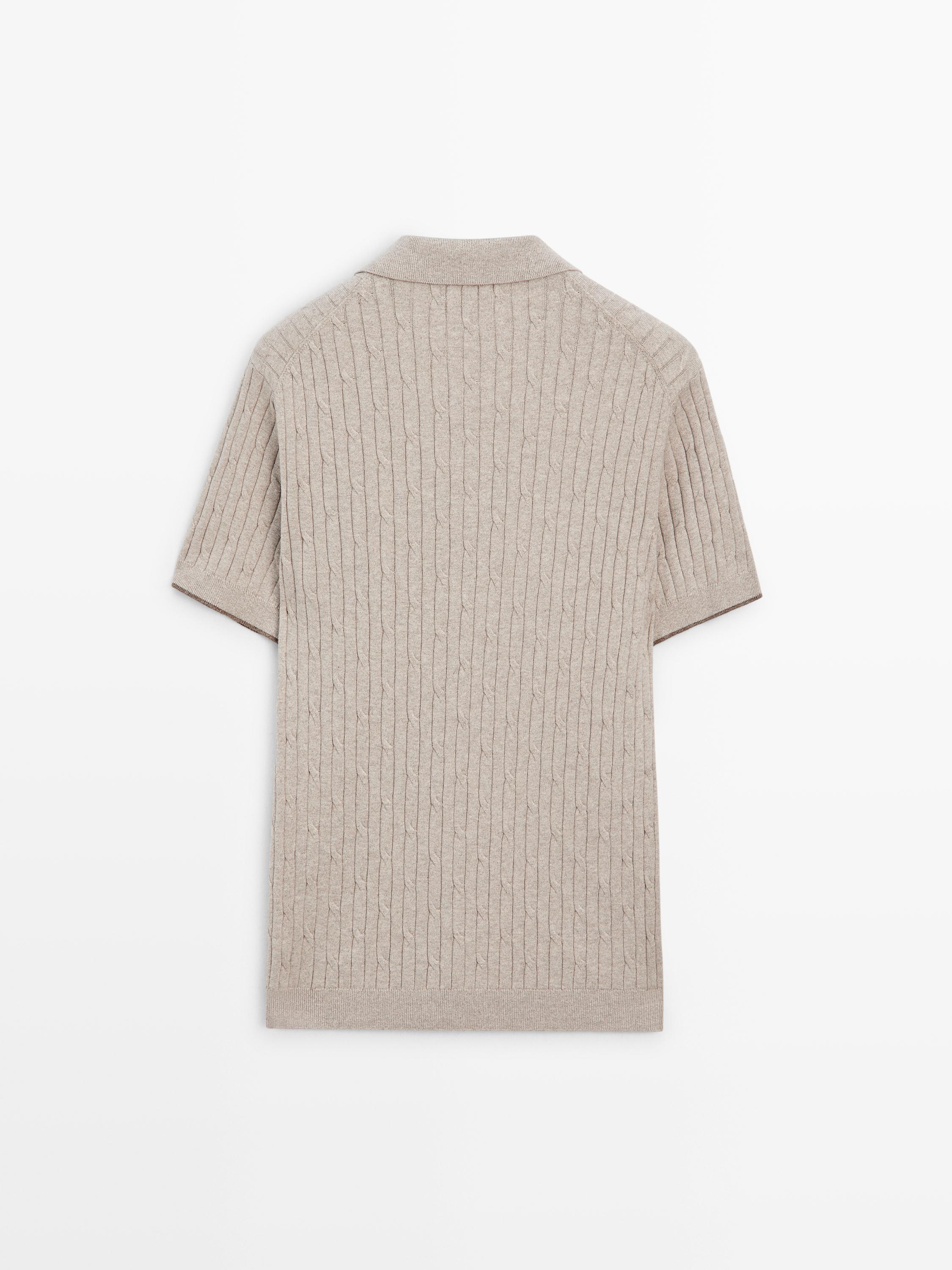 Cotton blend cable-knit polo sweater — BEIGE