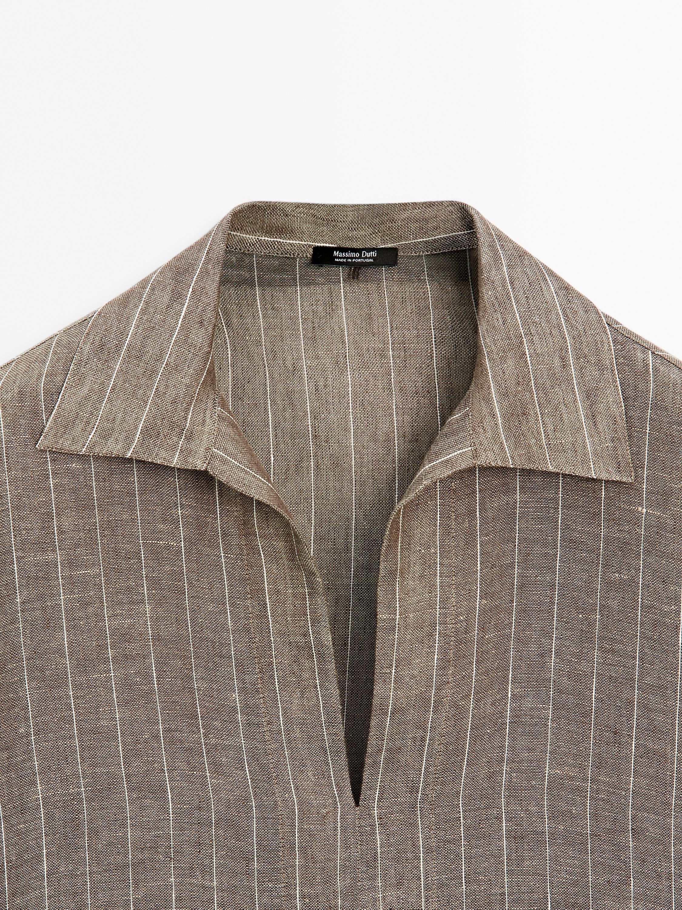 Striped linen open neck blouse