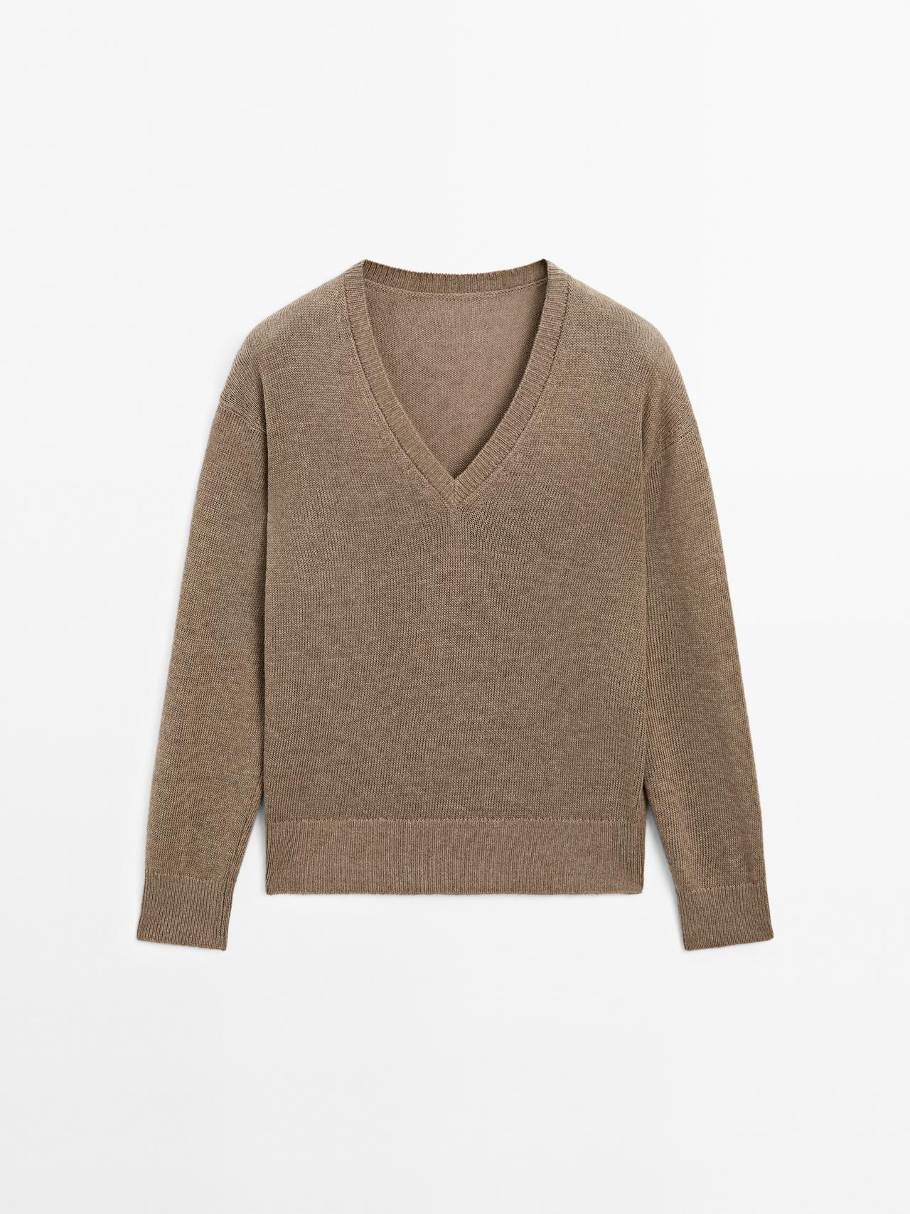 Massimo Dutti - Dame - Langærmet Trøje I Strik Med V-Udskæring - Brun - M