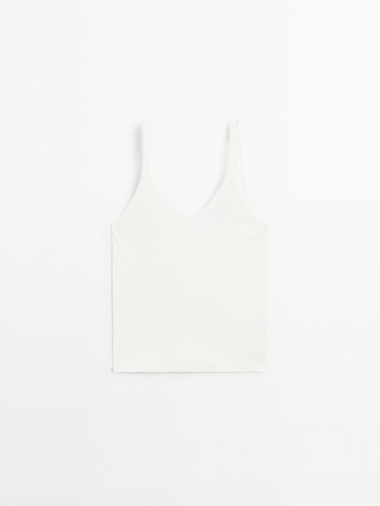 Massimo Dutti - Dame - Top I Rib Med V-Udskæring - Råhvid - L