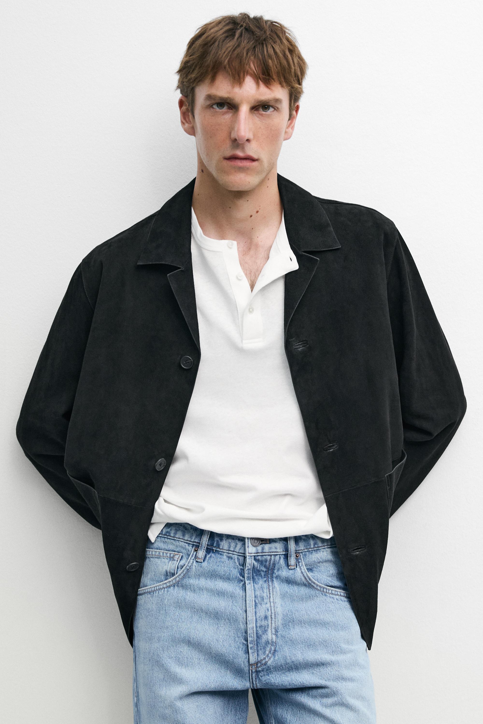 Suede leather jacket with pockets — BLACK