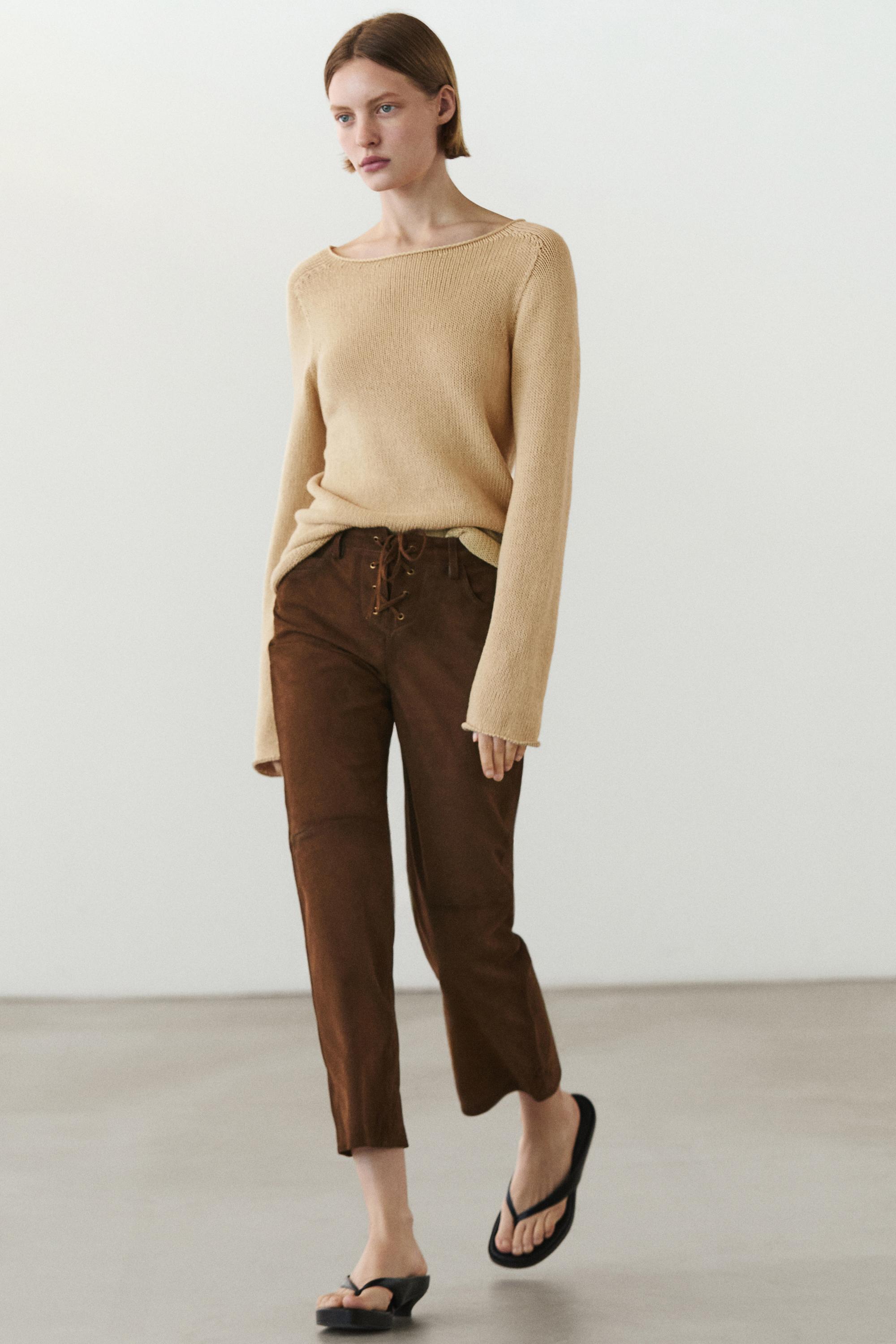 Cropped suede leather trousers with drawstrings — BROWN