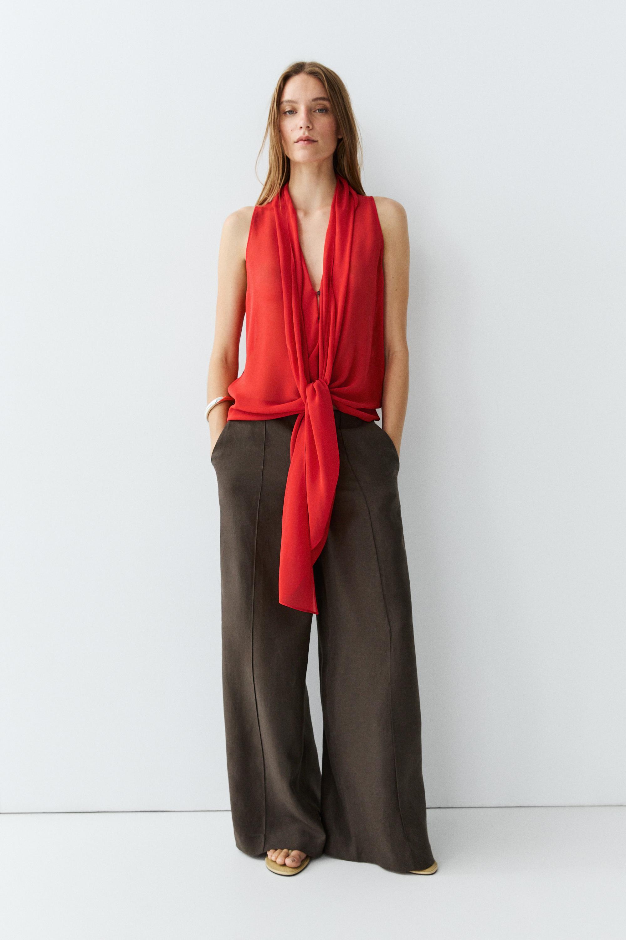 100% silk semi-sheer top with tie — RED