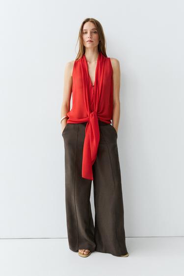 100% silk semi-sheer top with tie — RED 8