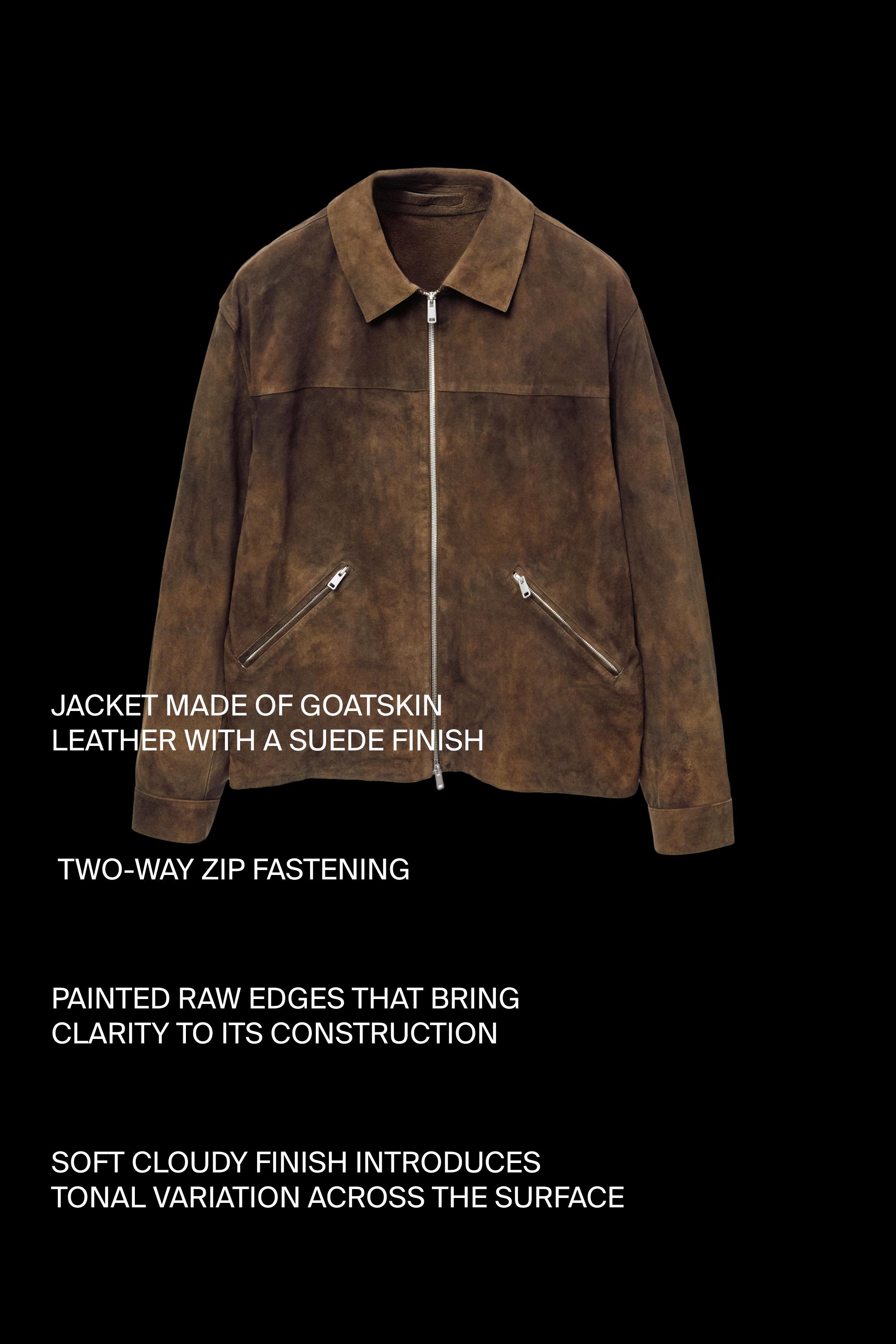 Suede leather zip-up jacket — BROWN MARL