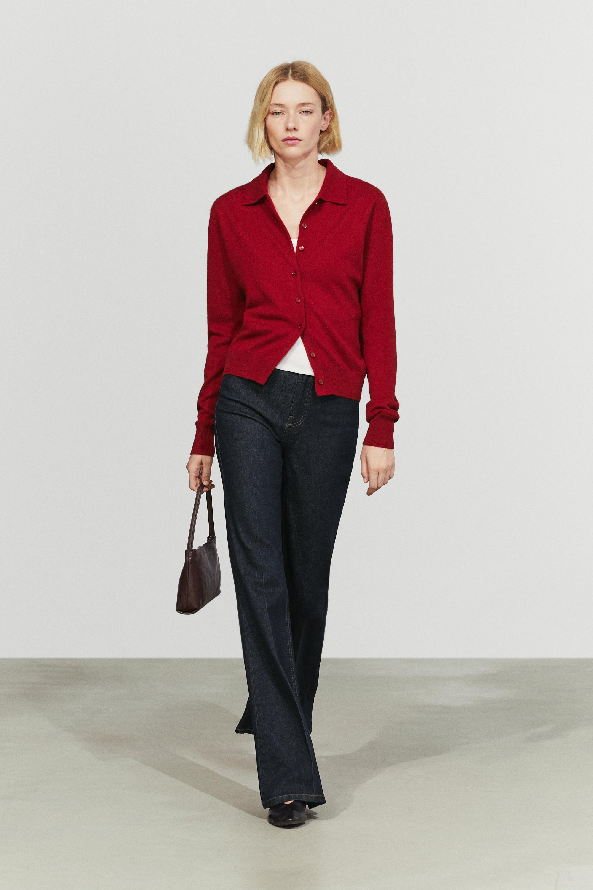 100% cashmere knit polo collar cardigan