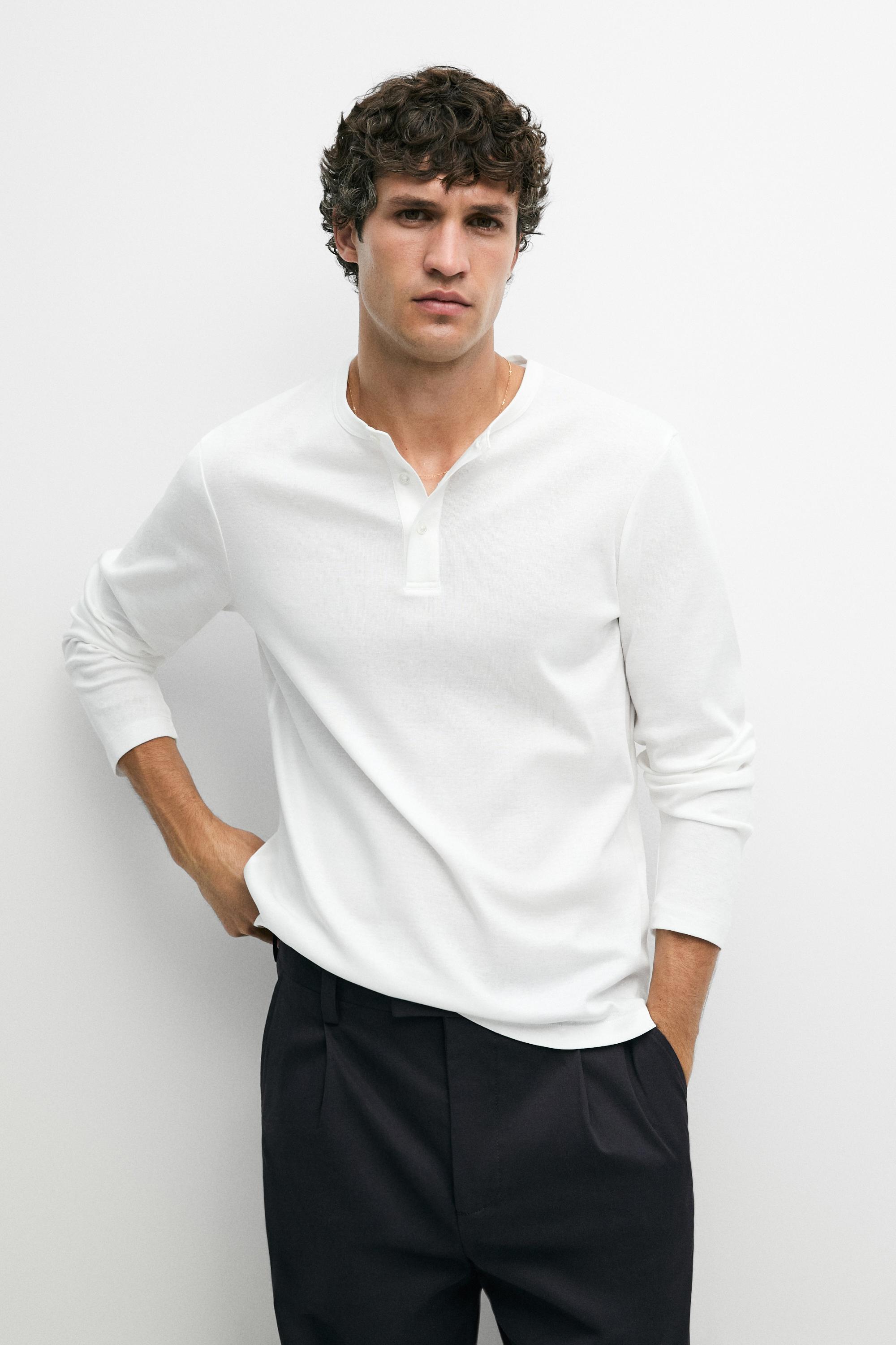 100% cotton long sleeve henley T-shirt — WHITE