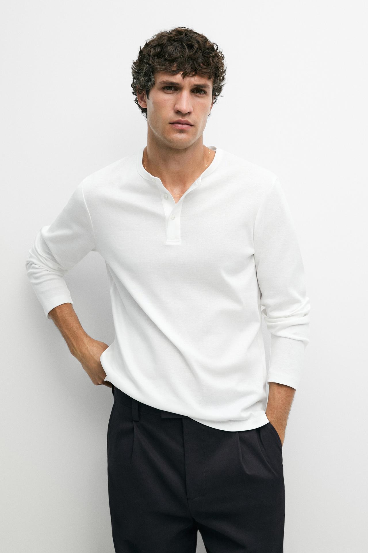 100% cotton long sleeve henley T-shirt — WHITE