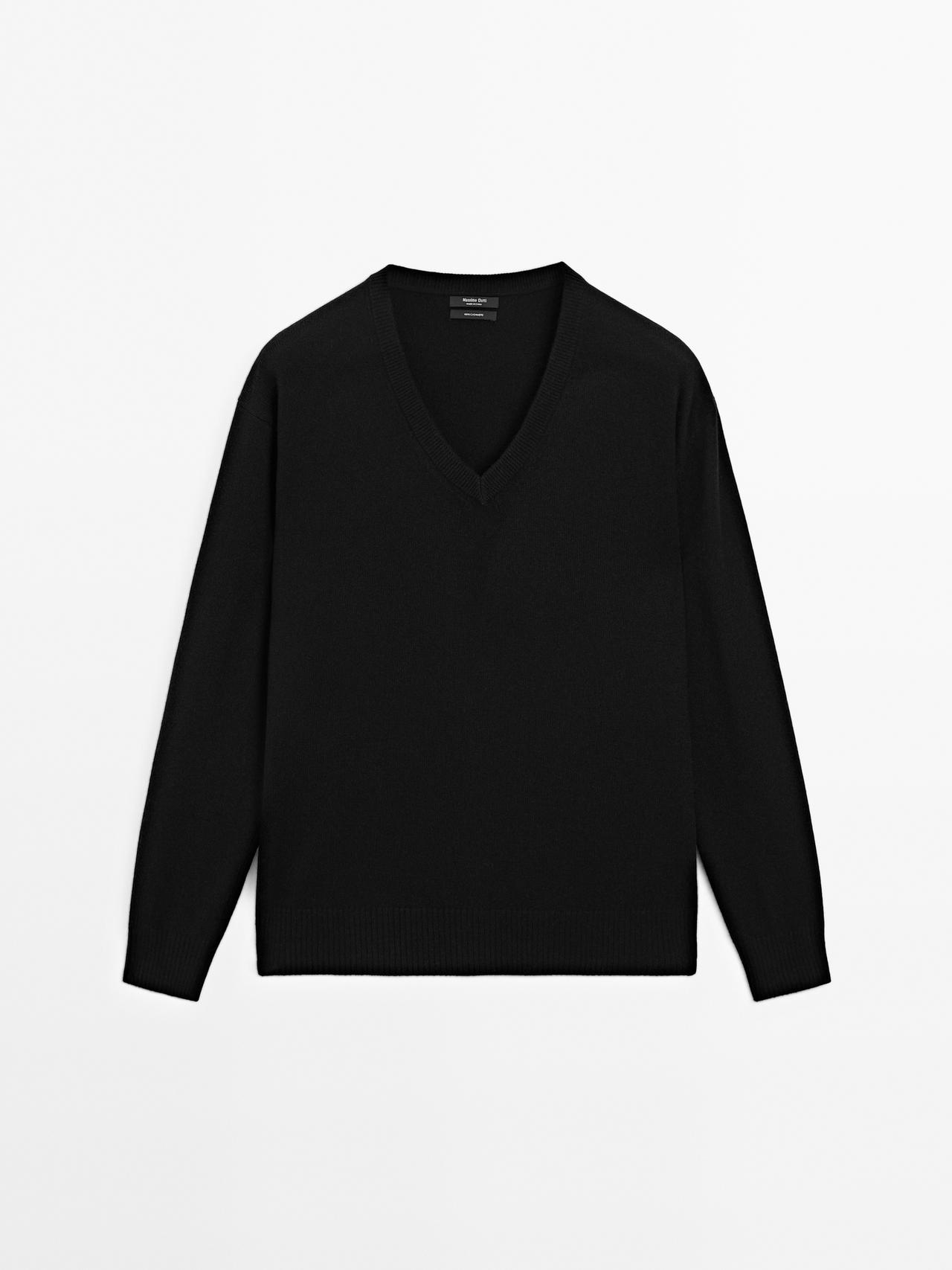 Massimo Dutti - Dame - Striktrøje I 100 % Kashmir Med V-Udskæring - Sort - Xs