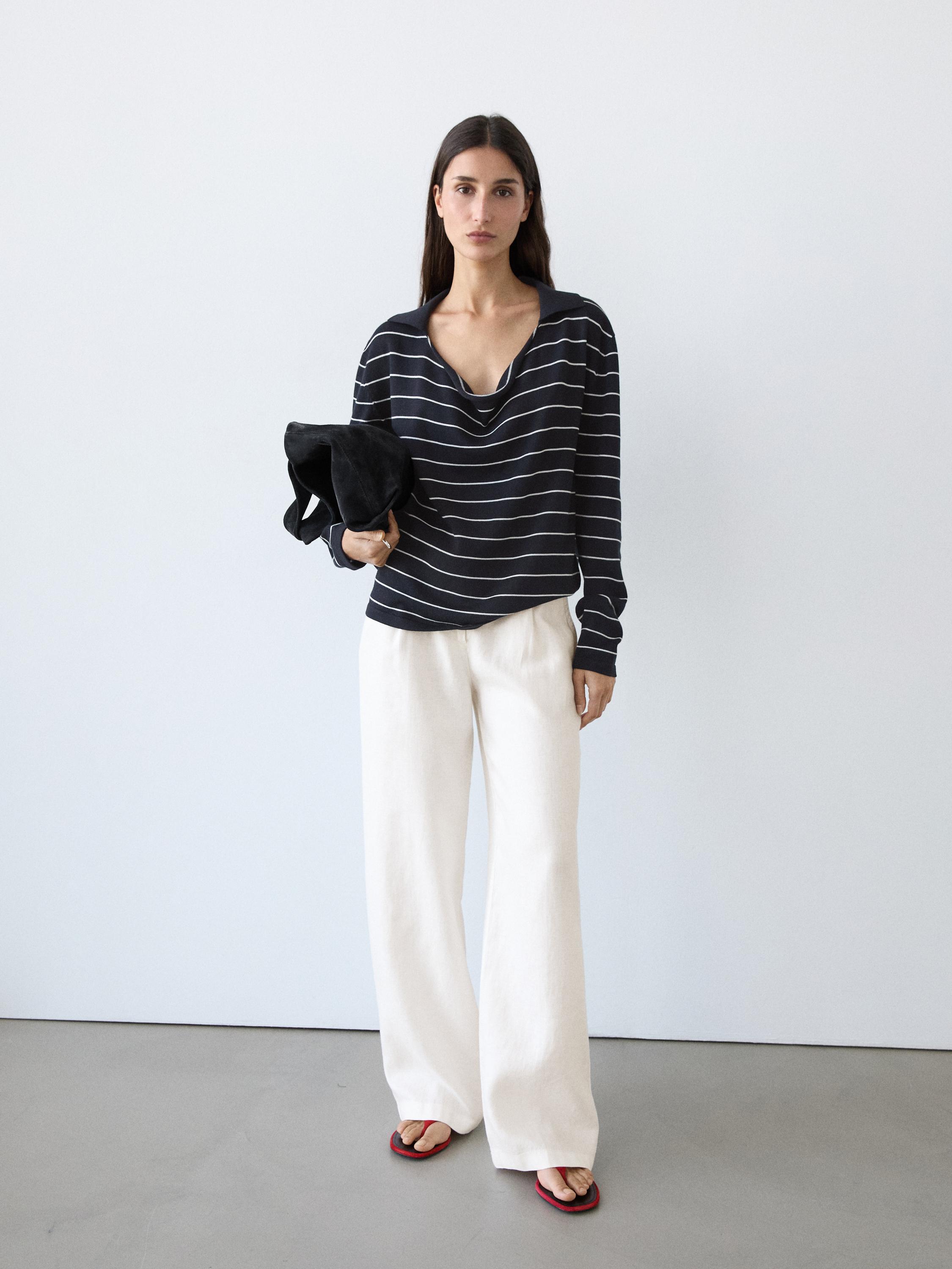 100% linen wide-leg elasticated trousers — Off white