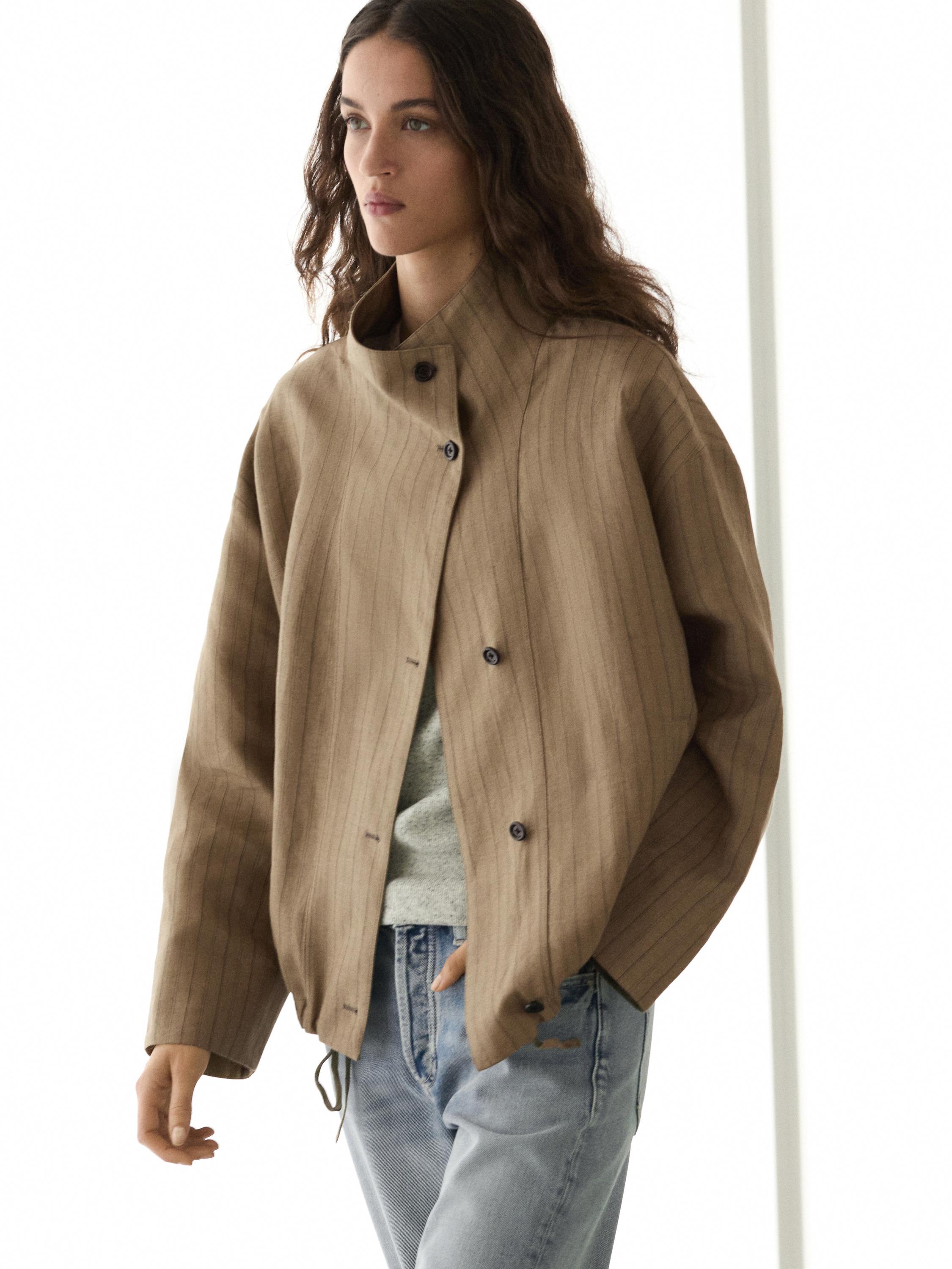 亞麻混紡條紋飛行員夾克