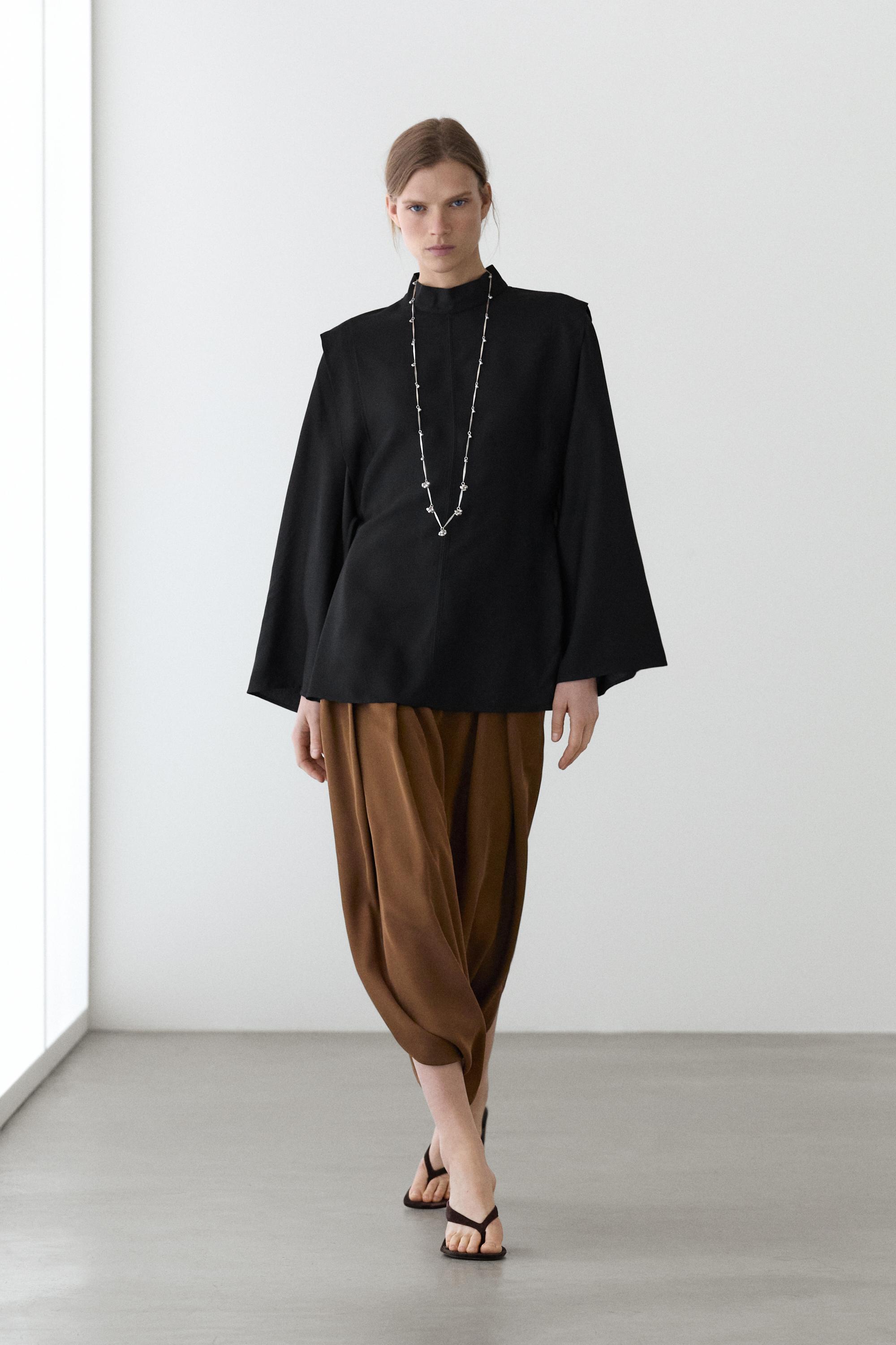 Mock turtleneck shirt with tie details — BLACK