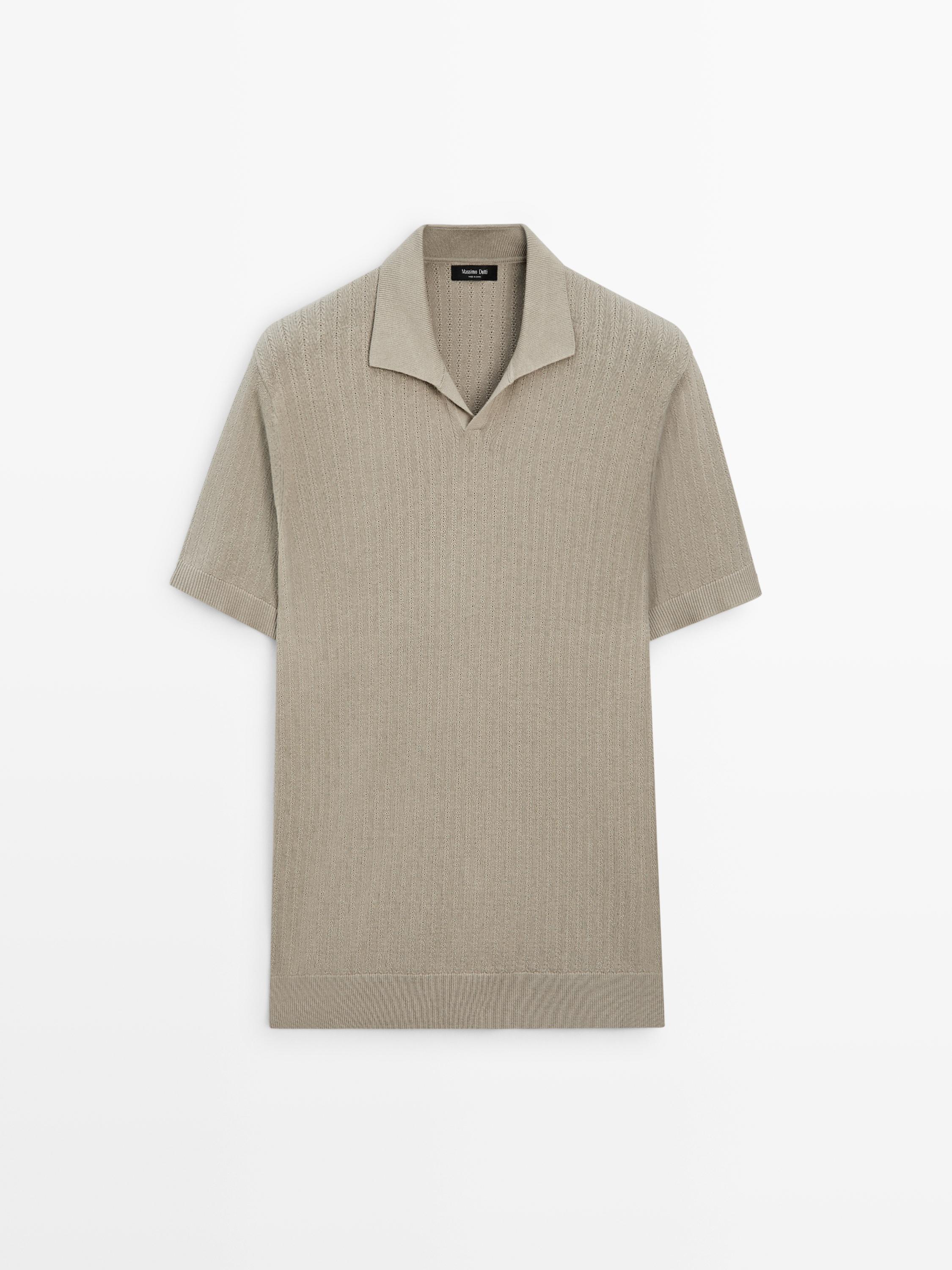 Knit polo sweater with cutwork detail — TAUPE GREY