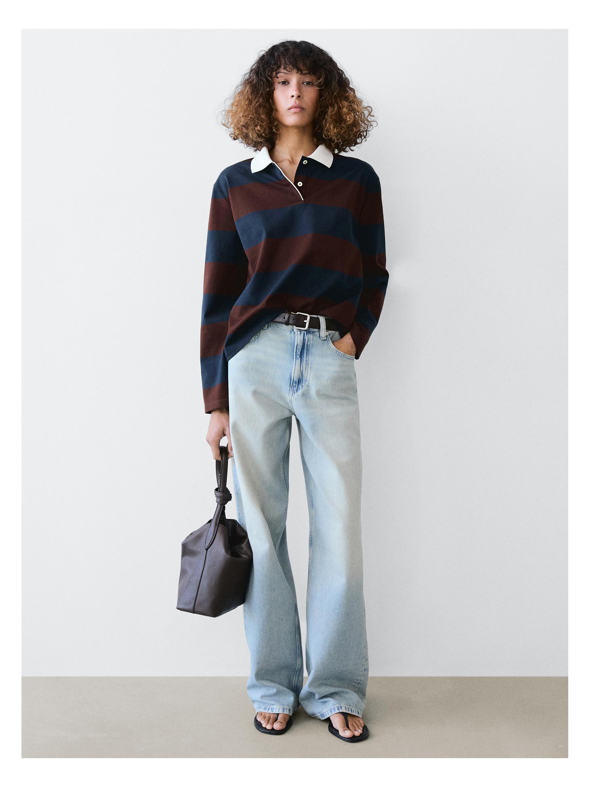 Striped long sleeve cotton polo shirt