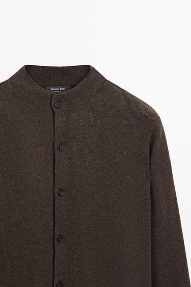 Mock-neck knit cardigan with button detail — BROWN 4