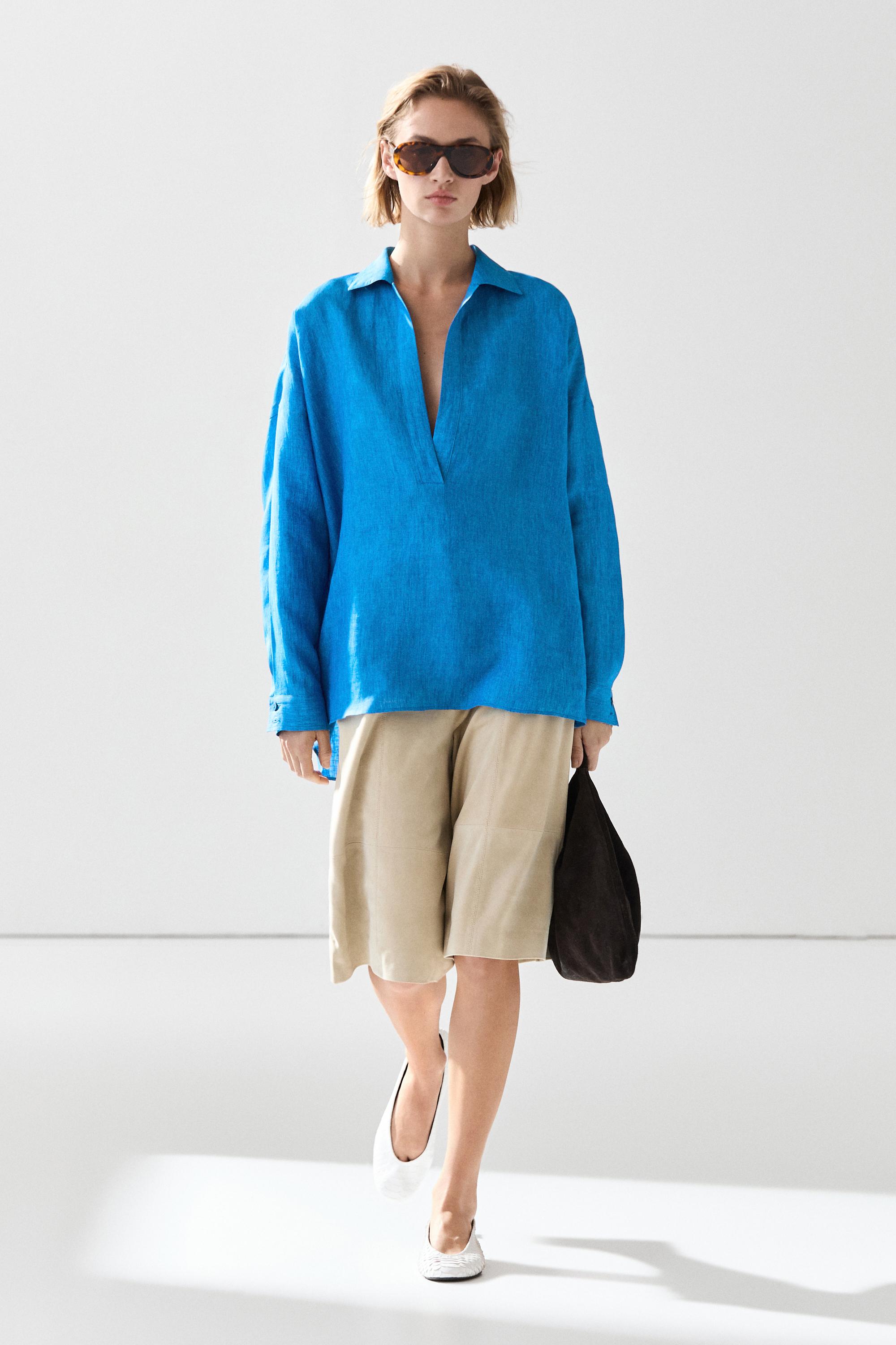 100% linen flowing blouse — BLUE
