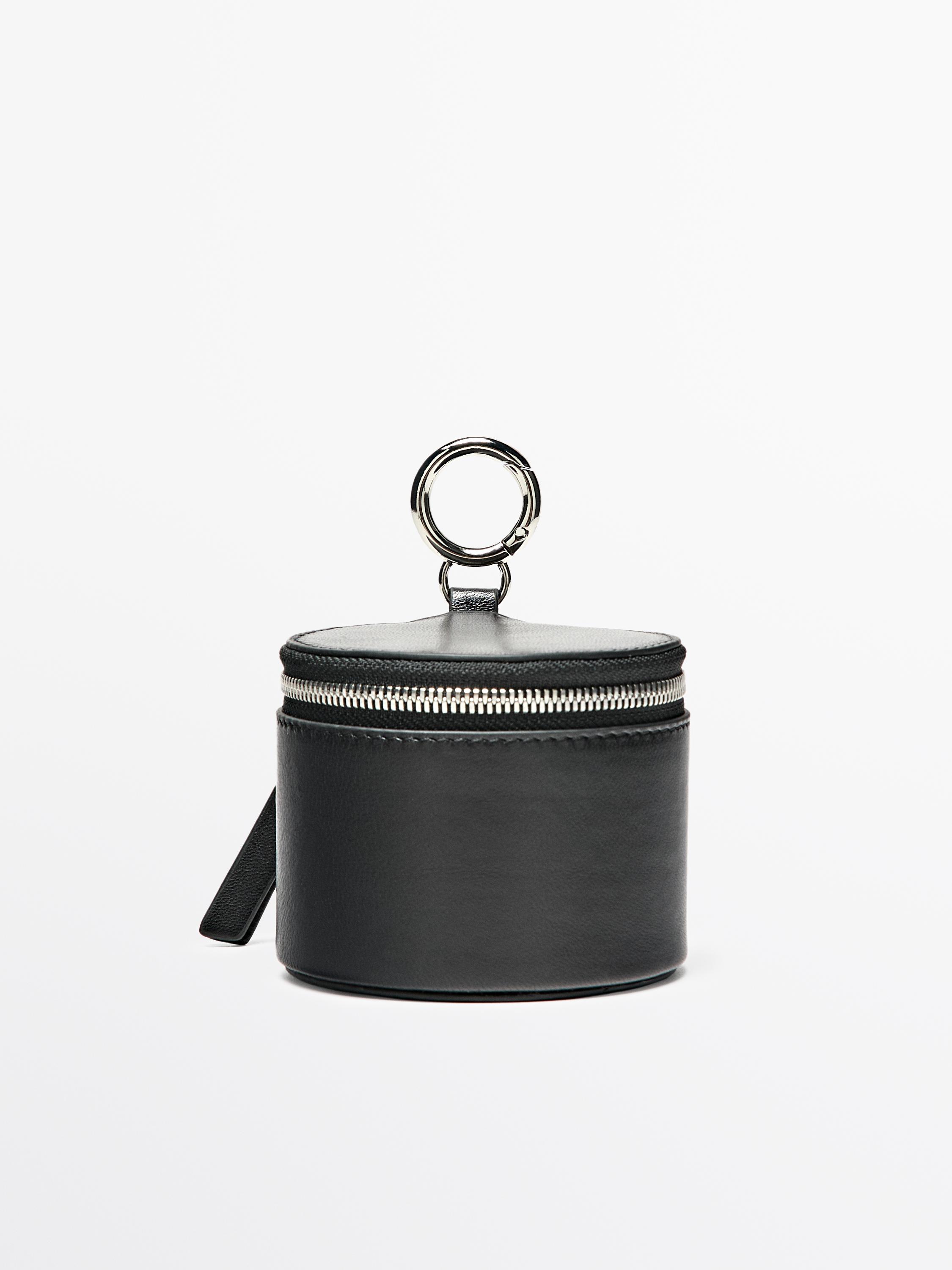 Round nappa leather bag with rhinestones — BLACK