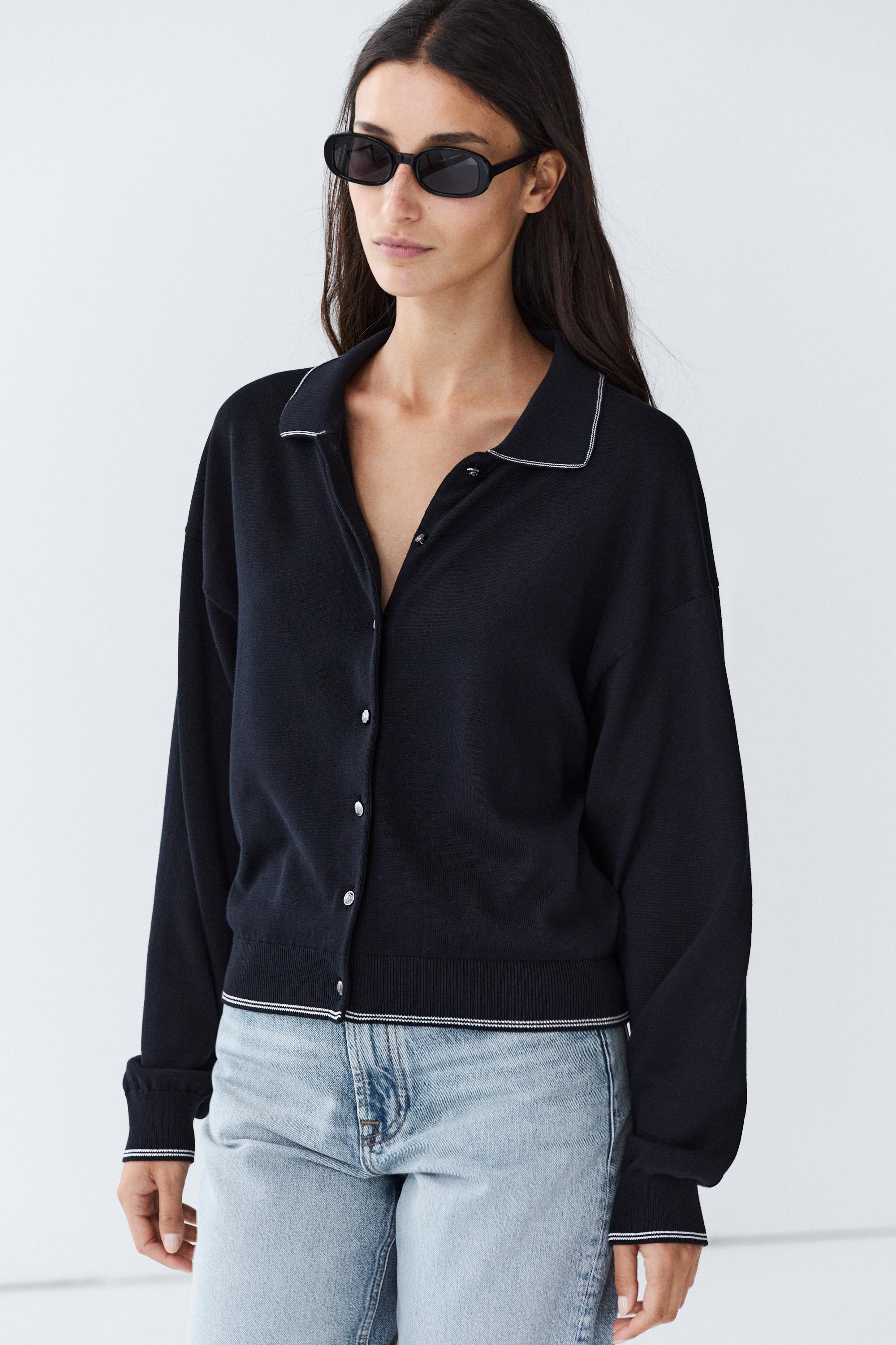 100% cotton contrast polo collar cardigan