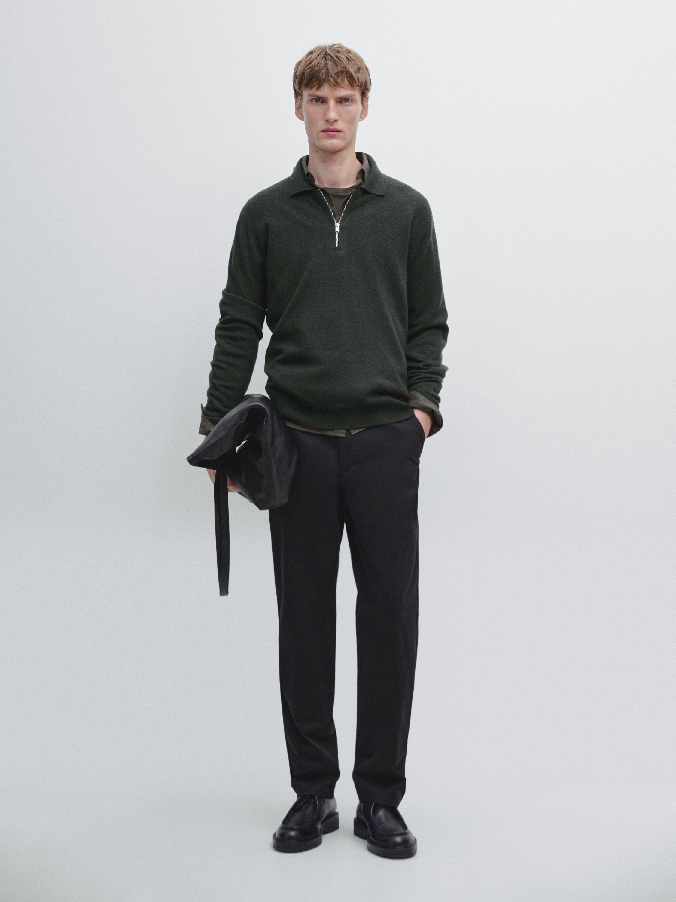 Knit wool blend polo sweater with zip